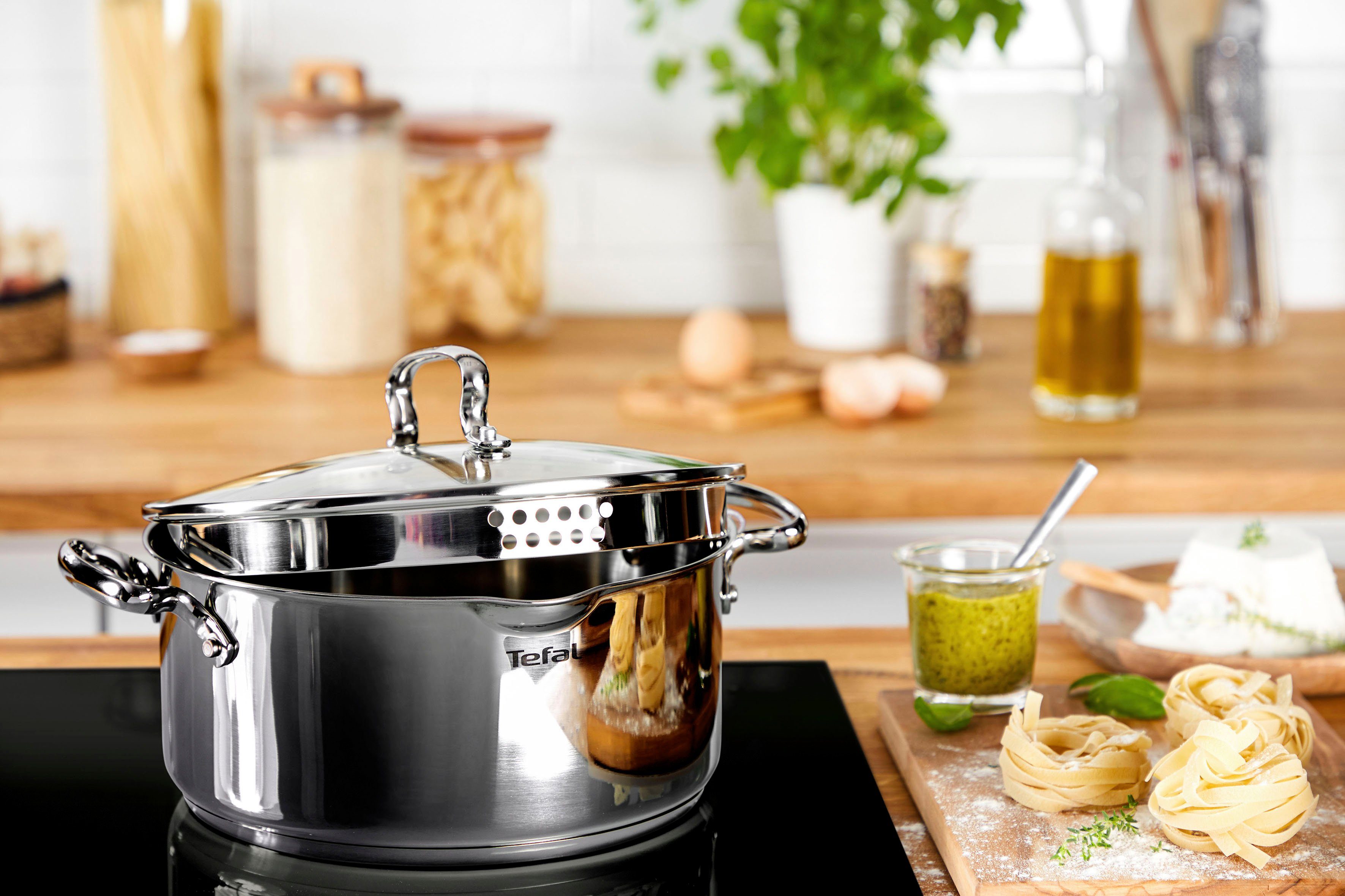 Tefal Kookpan Duetto+ hoogglans gepolijst, glazen deksel met zeeffunctie