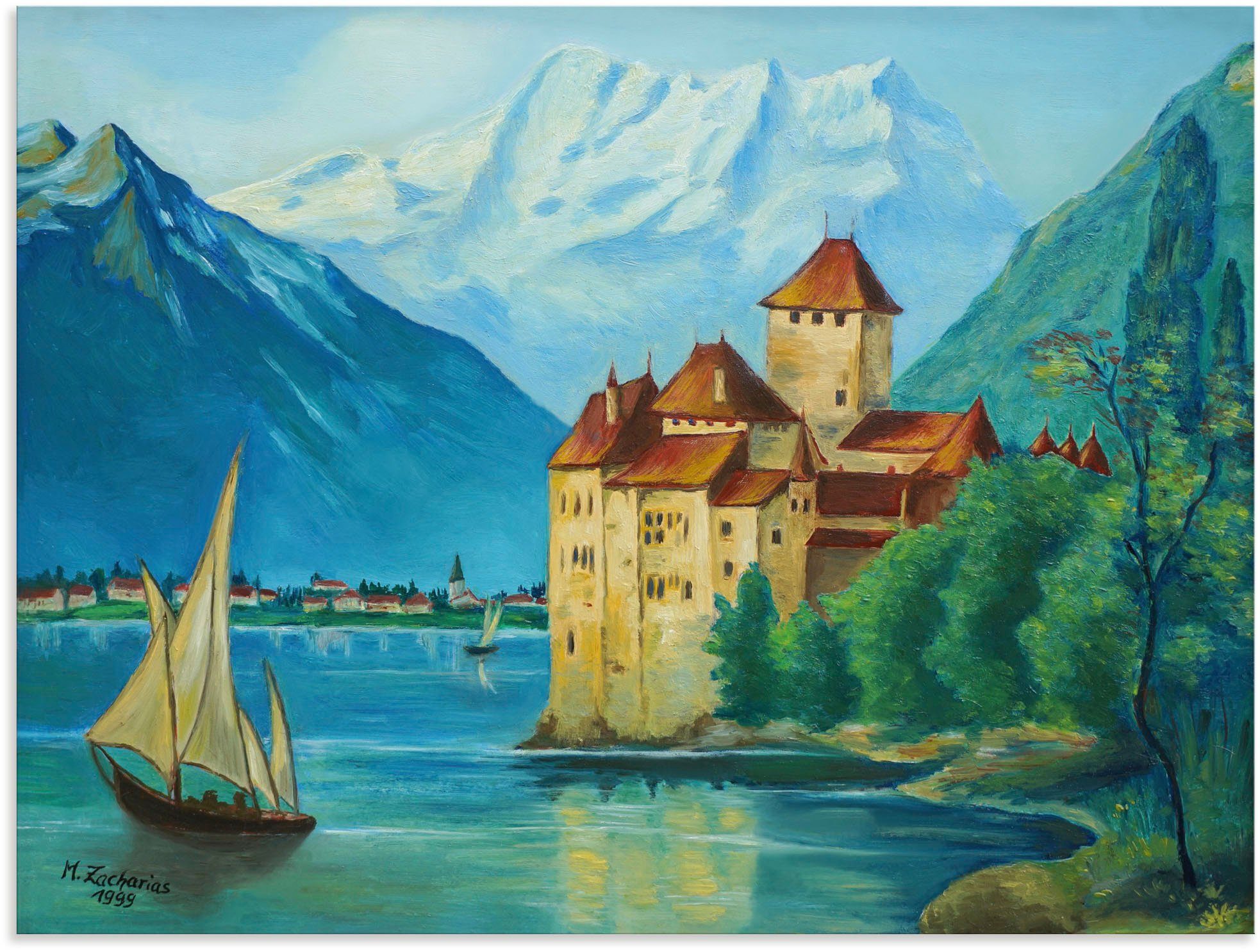 Artland Aluminium dibond print Kasteel Chillon aan het Meer van Genève geschikt voor binnen en buiten, buitenafbeelding