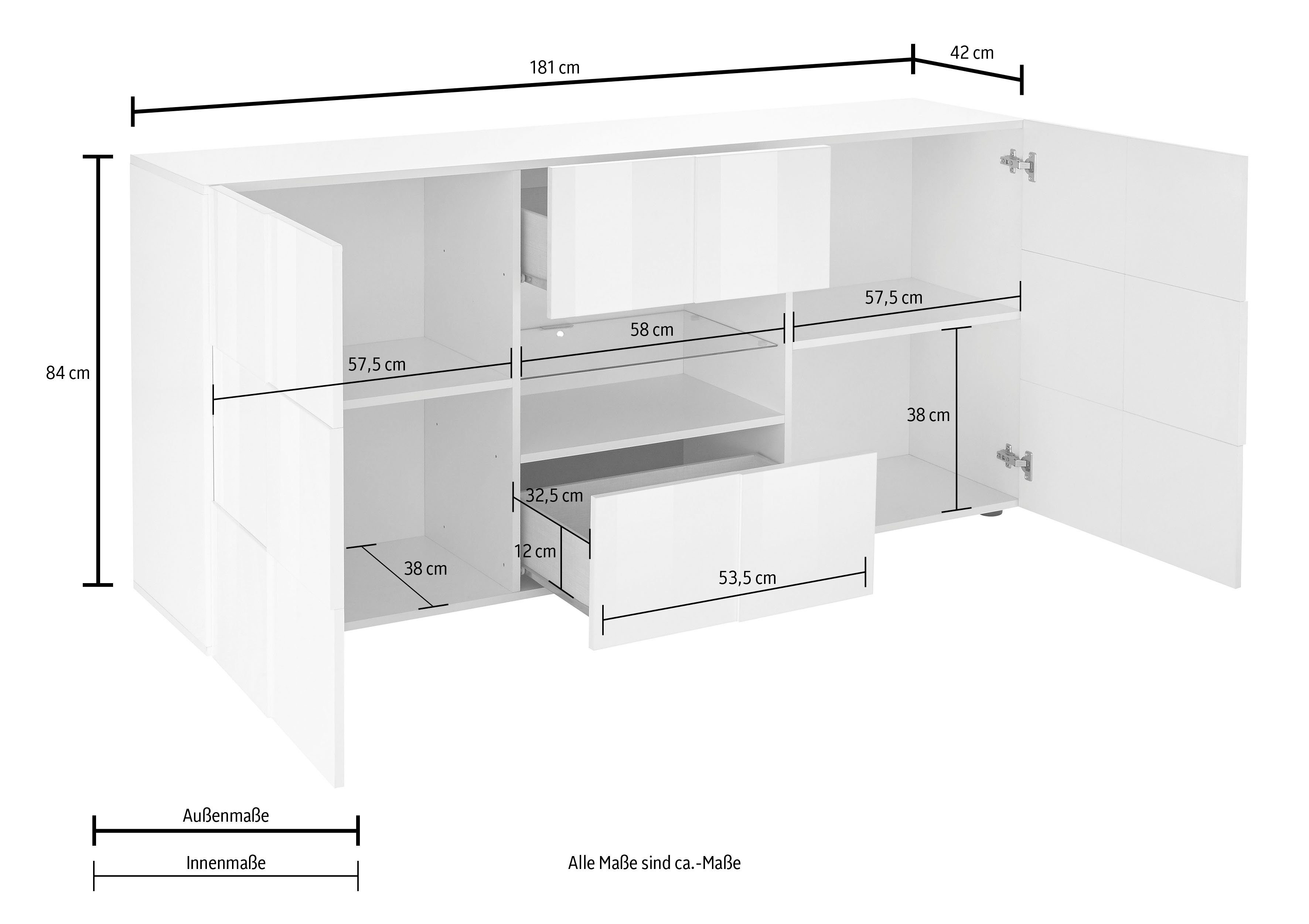 INOSIGN Dressoir Dama Breedte 181, Commode 2 deuren en 2 lades, Dressoir Front in 3D-uiterlijk, veel opbergruimte, verschillende kleuren