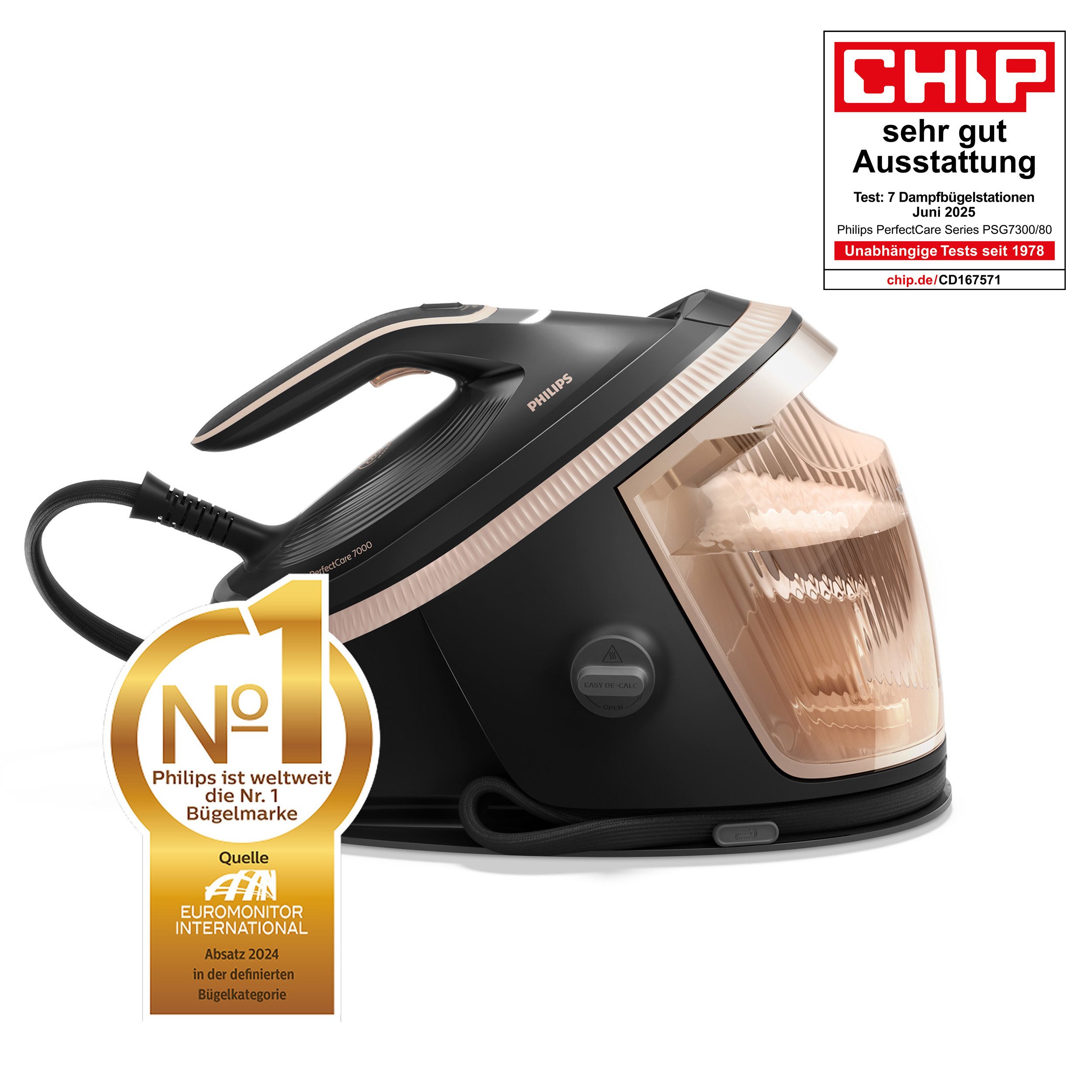 Philips Stoomstrijkstation PerfectCare 7000 Series PSG7300/80, Zwart/Goud 2.850 watt, optimaltemp & turbopower-stoommotor, 650 gr stoomstoot