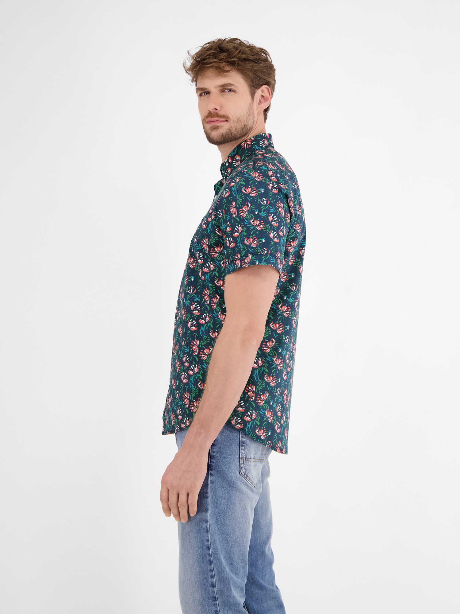 Lerros Overhemd met korte mouwen LERROS Heren poplin-stretch overhemd, bloemig gemusterd