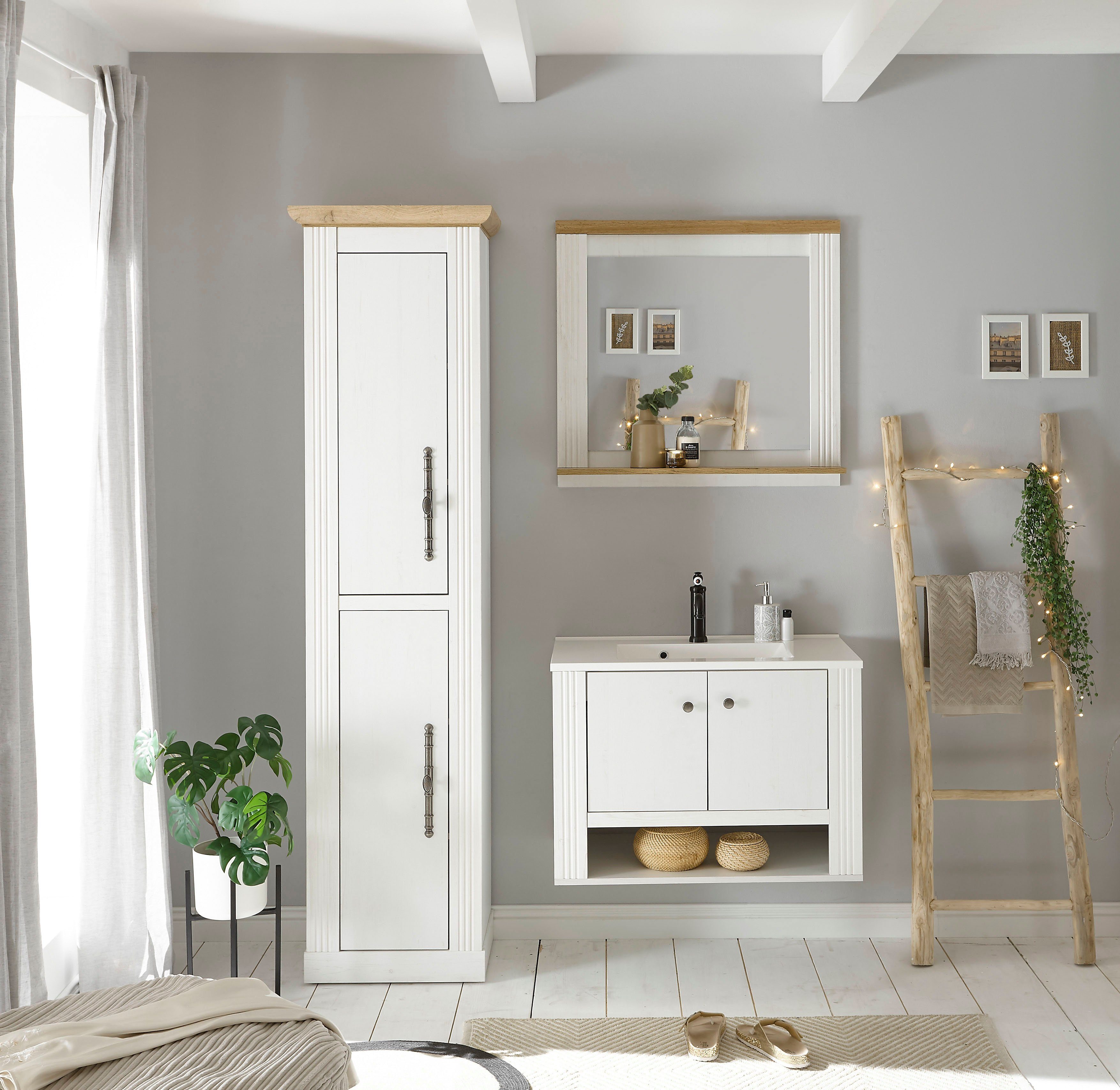 Home affaire Badkamerserie WESTMINSTER, badkamer in landhuisstijl, 3-delig badkamer Wand-wastafel, spiegel, hoge kast, in 2 kleuren, breedte 150 cm (3-delig)
