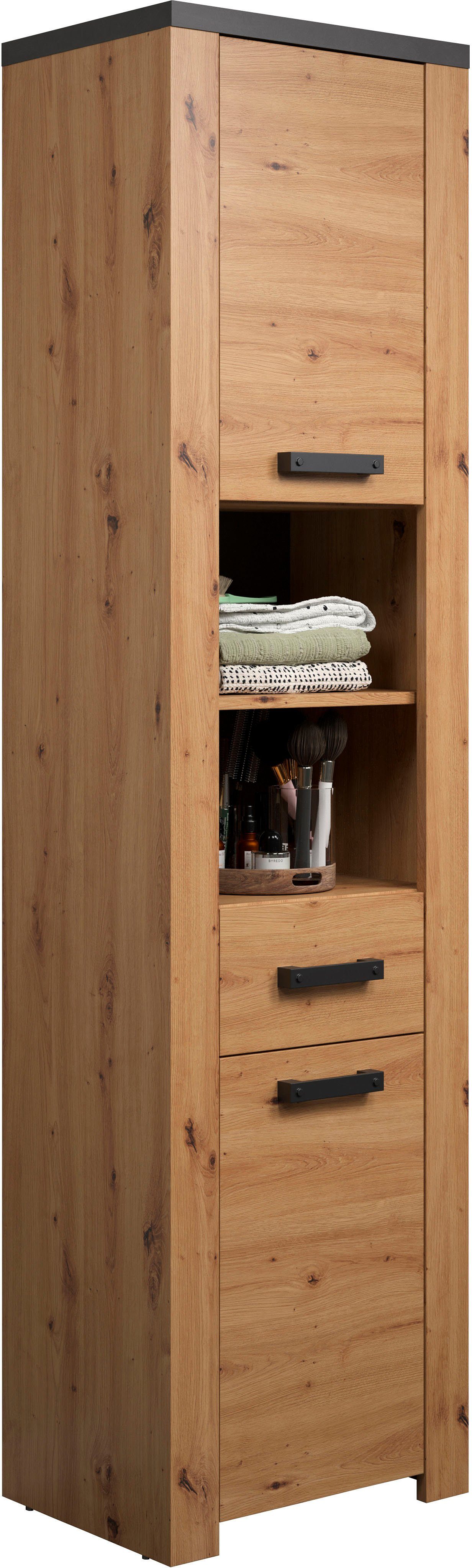 Home affaire Hoge kast Ambres Badkamerkast in matte echt houtlook - afmetingen (B/D/H) 53/35/196 cm (1 stuk)