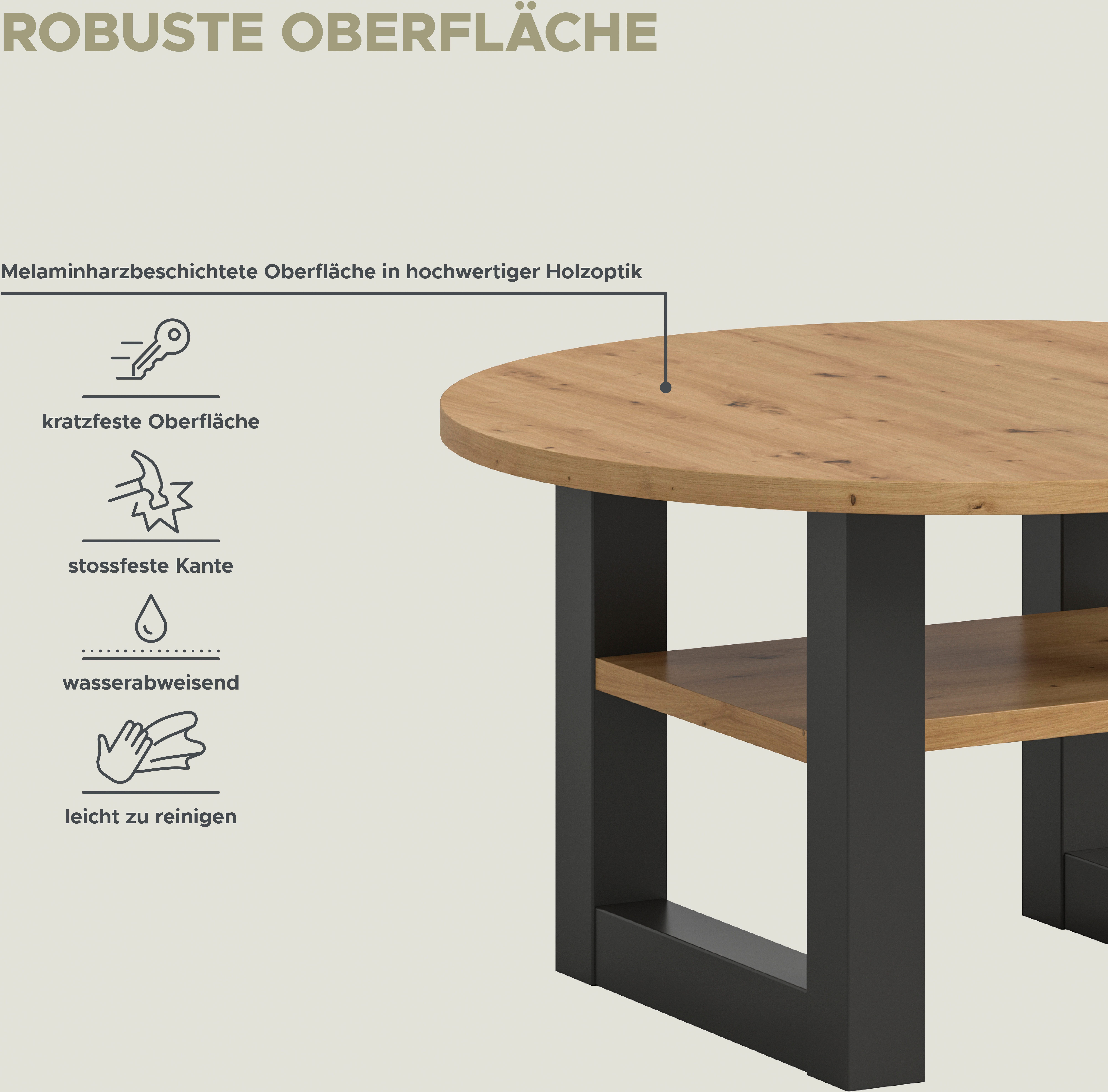 INOSIGN Salontafel Rail, Ø 75 cm, met onderblad, inclusief sledeframe
