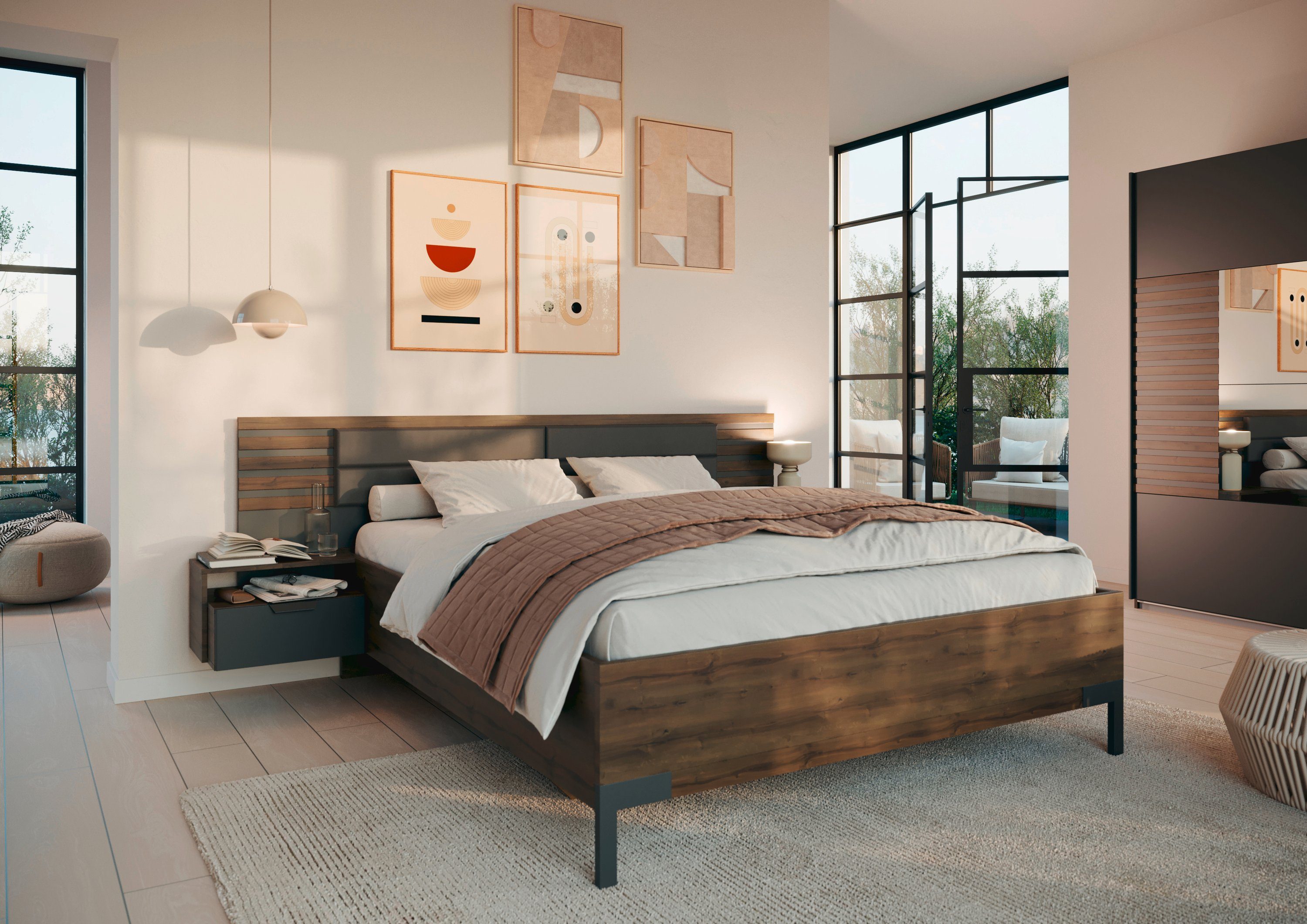 rauch Ledikant Bed Tweepersoons Futonbed BAREA met hangende nachtkastjes en hoofdbord met gestoffeerd kussen bedframes grijs