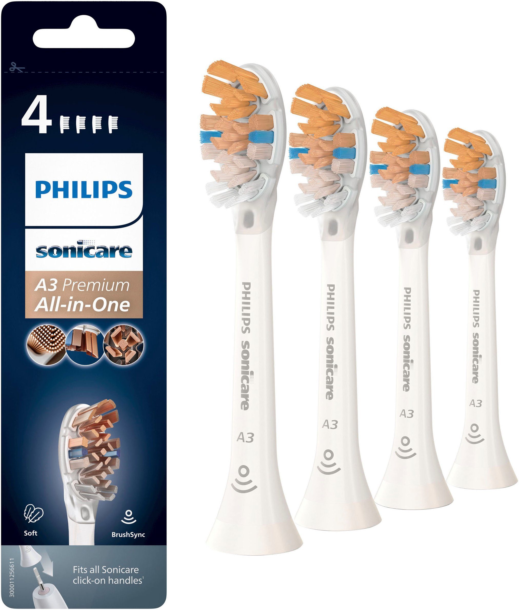 Philips Sonicare Opzetborsteltjes A3 premium all-in-one opklikbaar, geschikt voor brushsync, standaardformaat opzetborstels wit