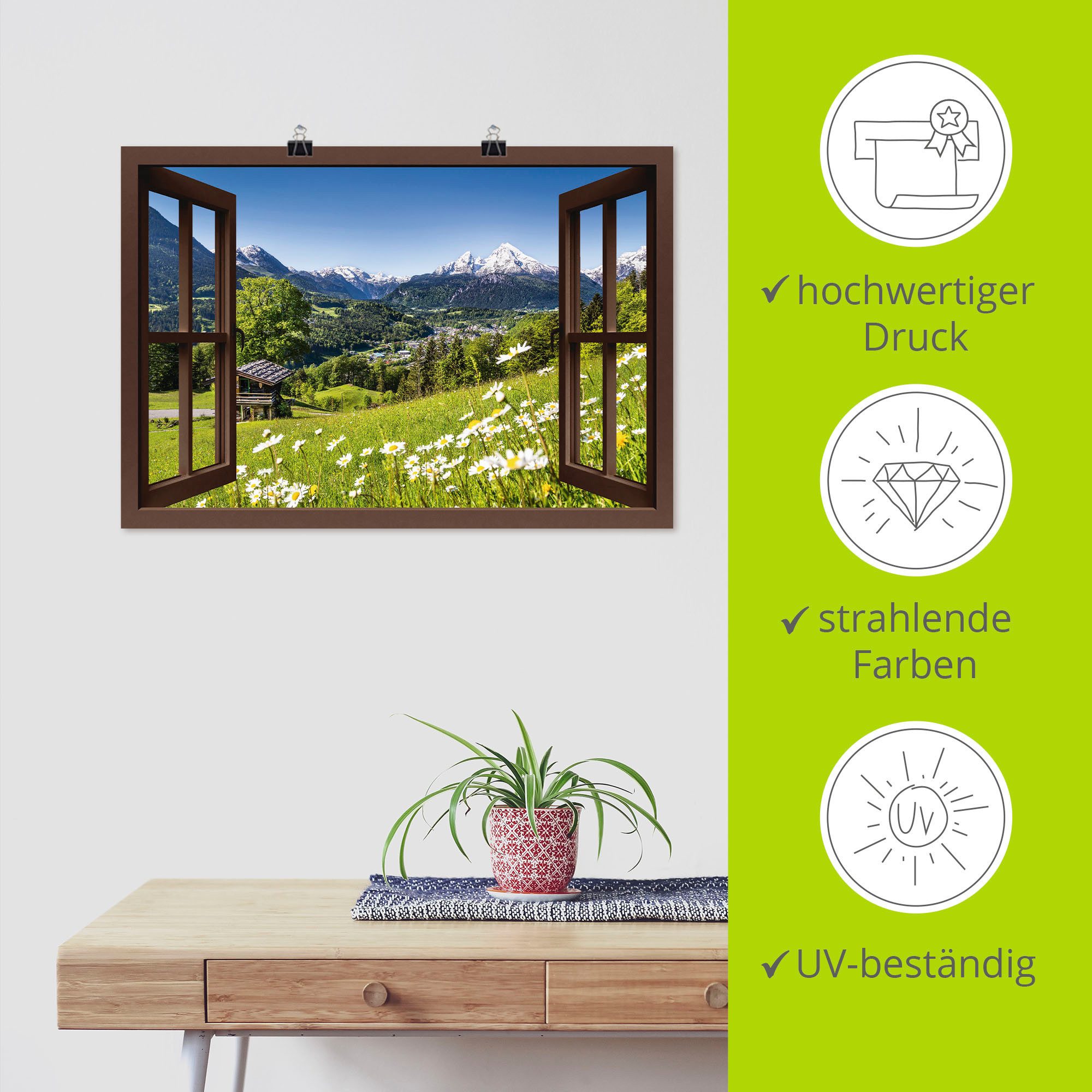 Artland Artprint Blik uit het venster Beierse Alpen als artprint van aluminium, artprint voor buiten, artprint op linnen, poster, muursticker