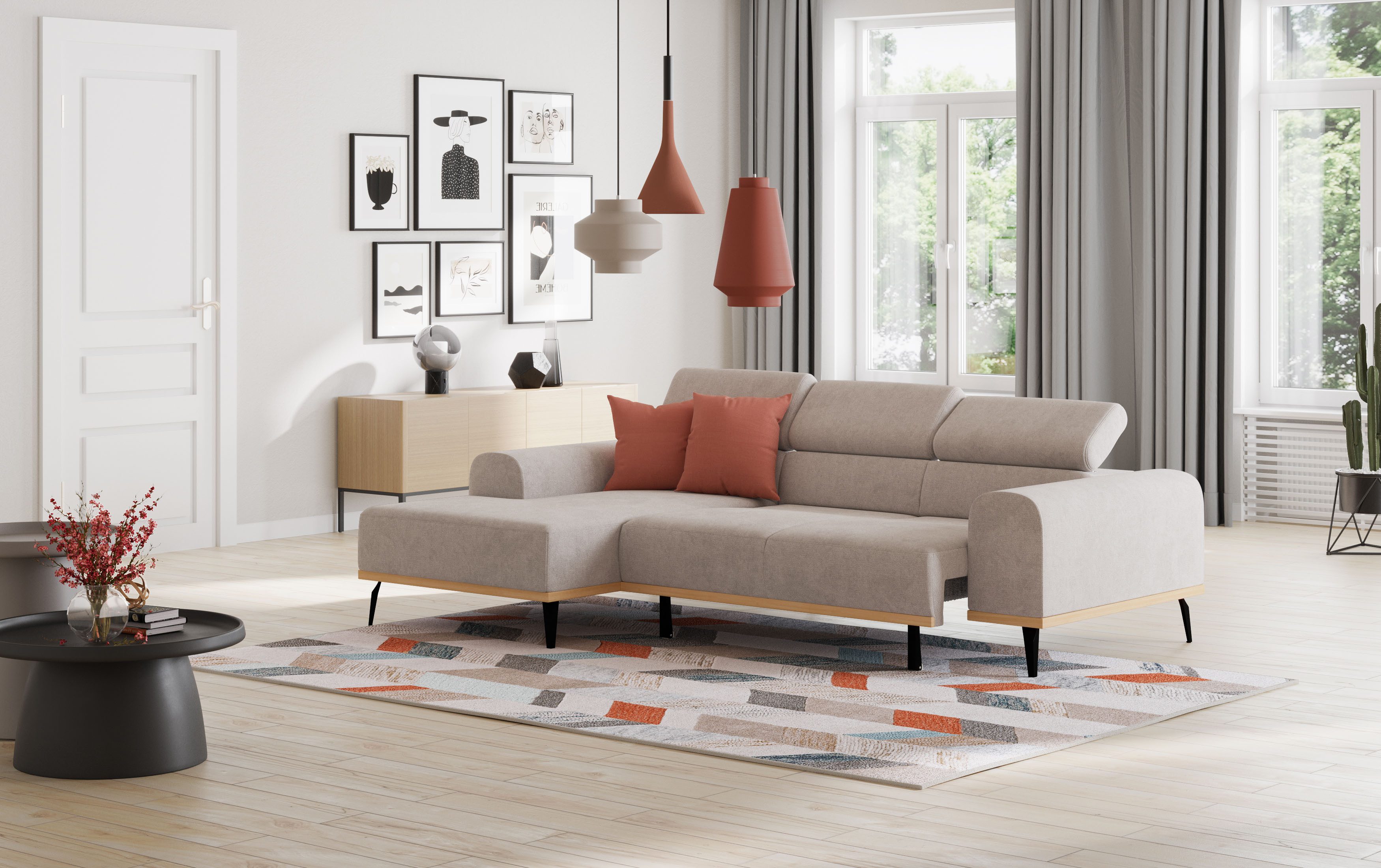 Places of Style Hoekbank Carlo L-vorm met hoofdeinde-verstelling & houten frame-look, optionele relaxfunctie