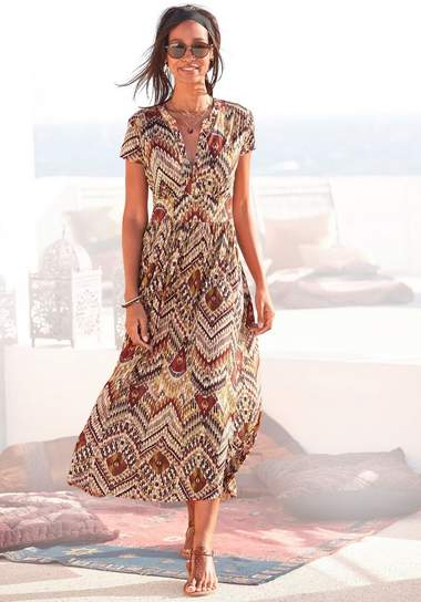 lascana midi-jurk met etnische print en rits aan de voorkant, zomerjurk, strandjurk multicolor