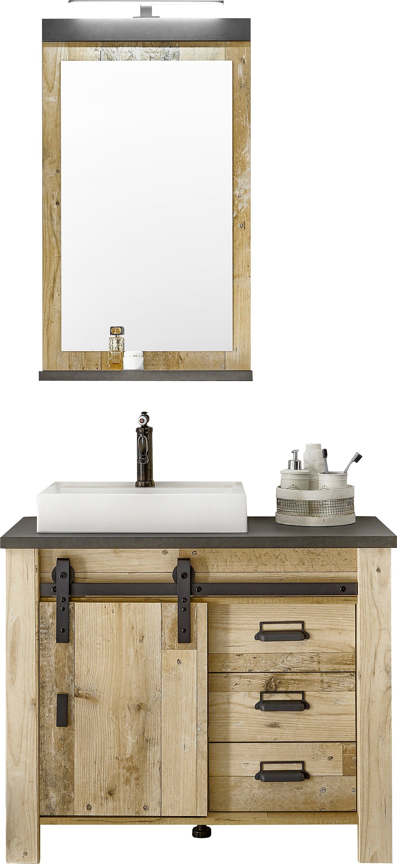 Home affaire Badkamerserie Sherwood in houtdecor, met schuurdeurbeslag en apothekersgrepen van metaal (2-delig) badmeubelsets bruin