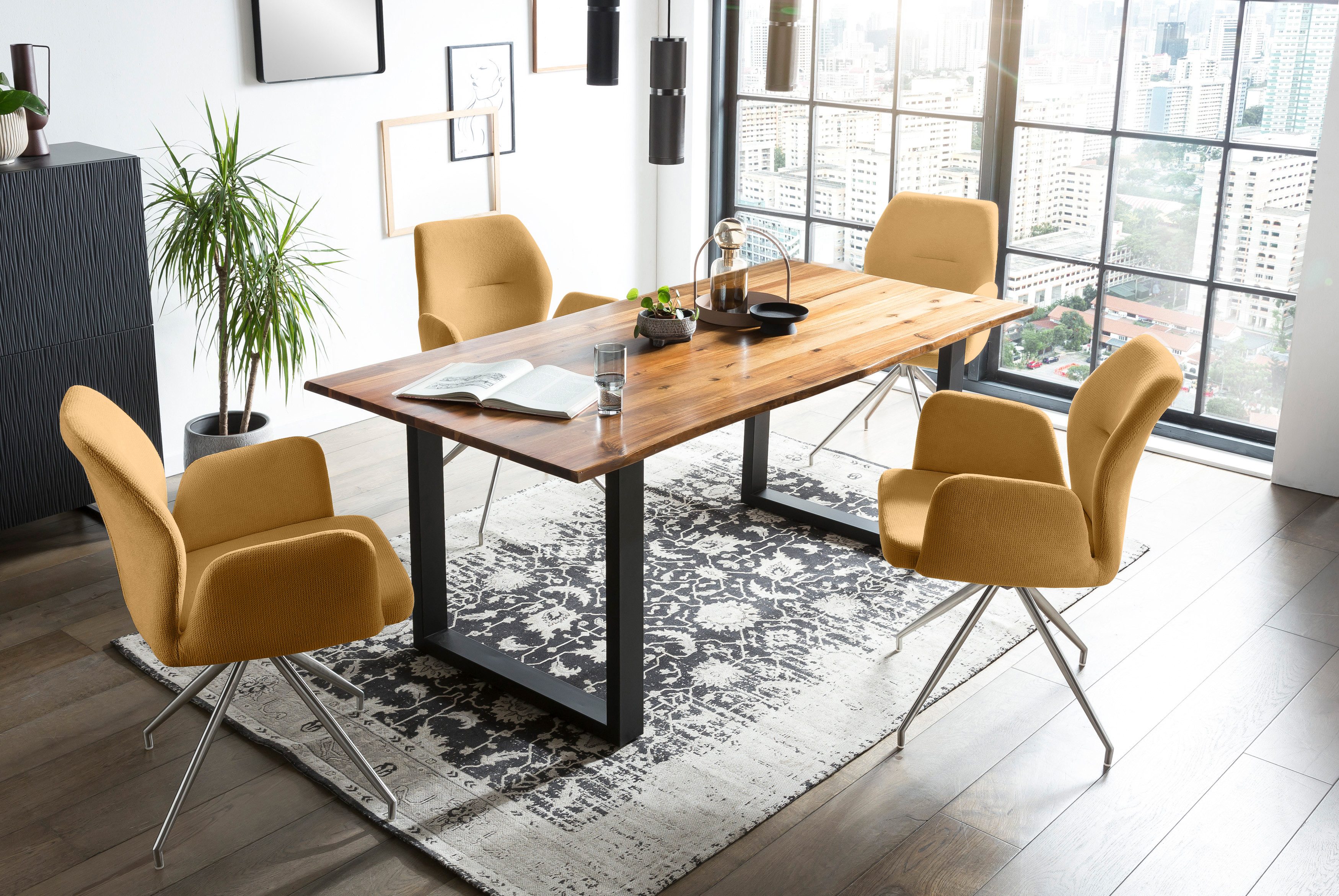 SalesFever Eethoek Tafelblad met echte boomrand, frame van roestvrij staal (set, 5-delig) eethoeken geel