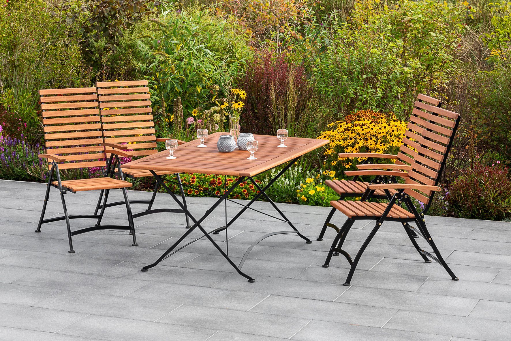 MERXX Tuin-eethoek Kasteeltuin 4 klapstoelen met tafel (5-delig) tuinsets beige
