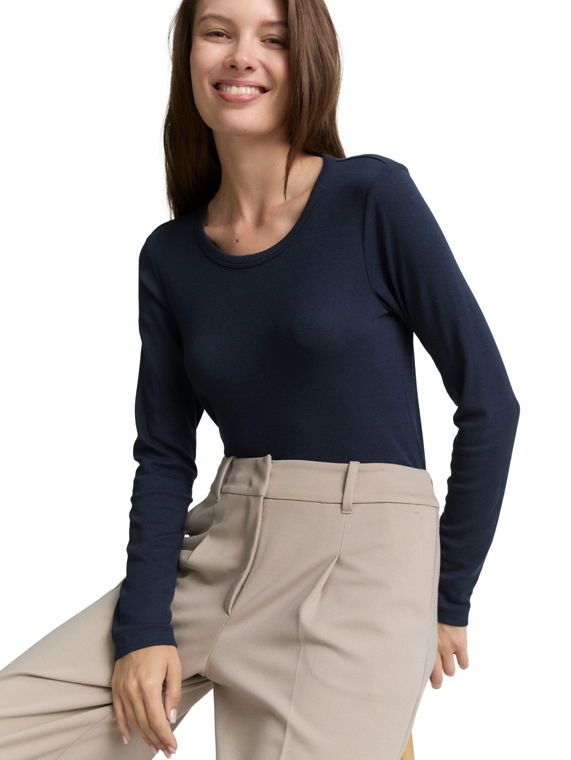 Tom Tailor Shirt met lange mouwen met ronde hals en stretch