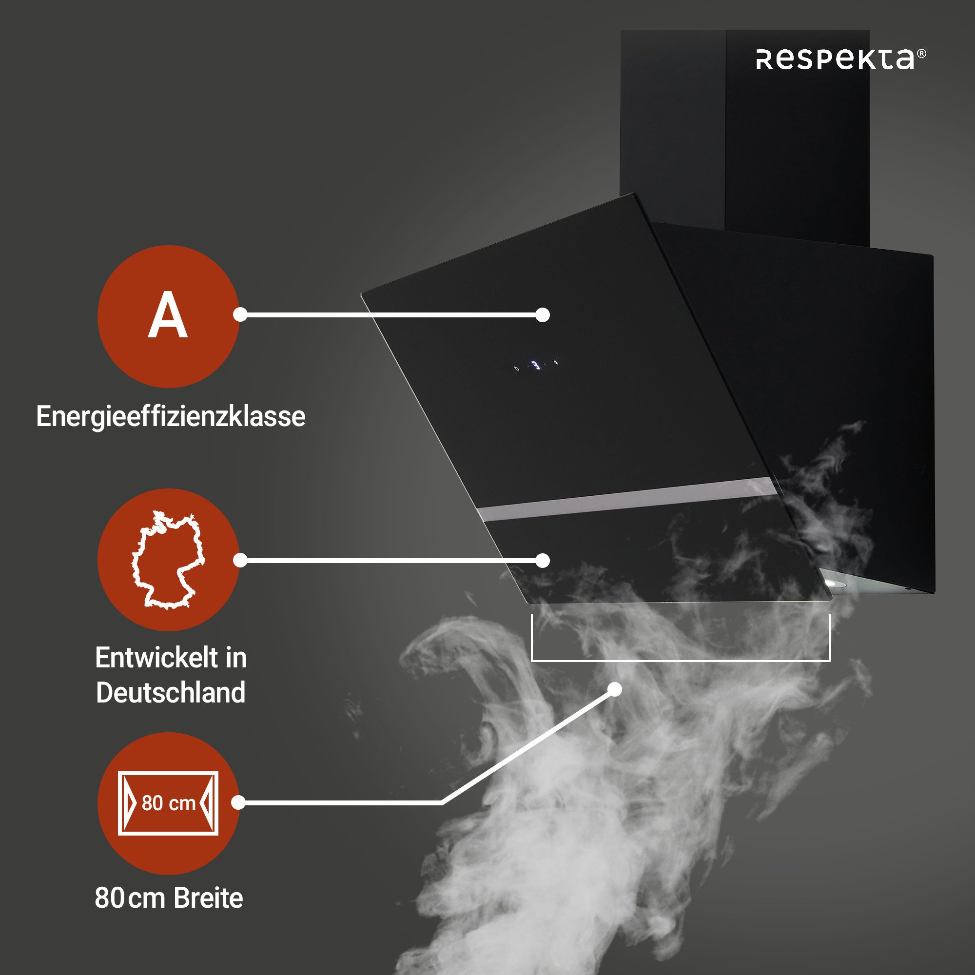 RESPEKTA Wandkap CH 24080 80 cm, 3 vermogensniveaus, led-verlichting, geschikt voor afzuiging en recirculatie