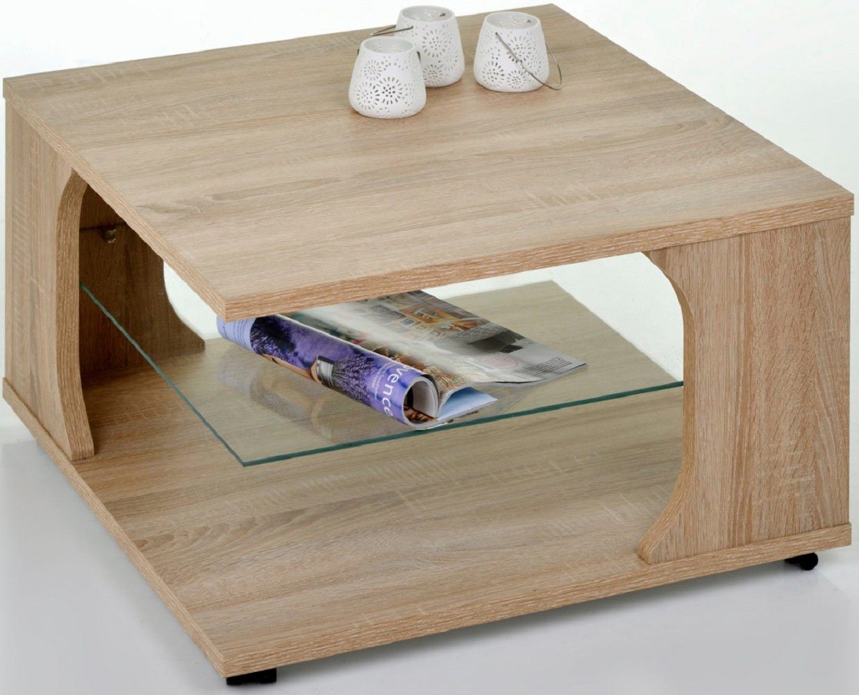 PRO Line Salontafel van hout, met wieltjes, plank van glas, vierkant
