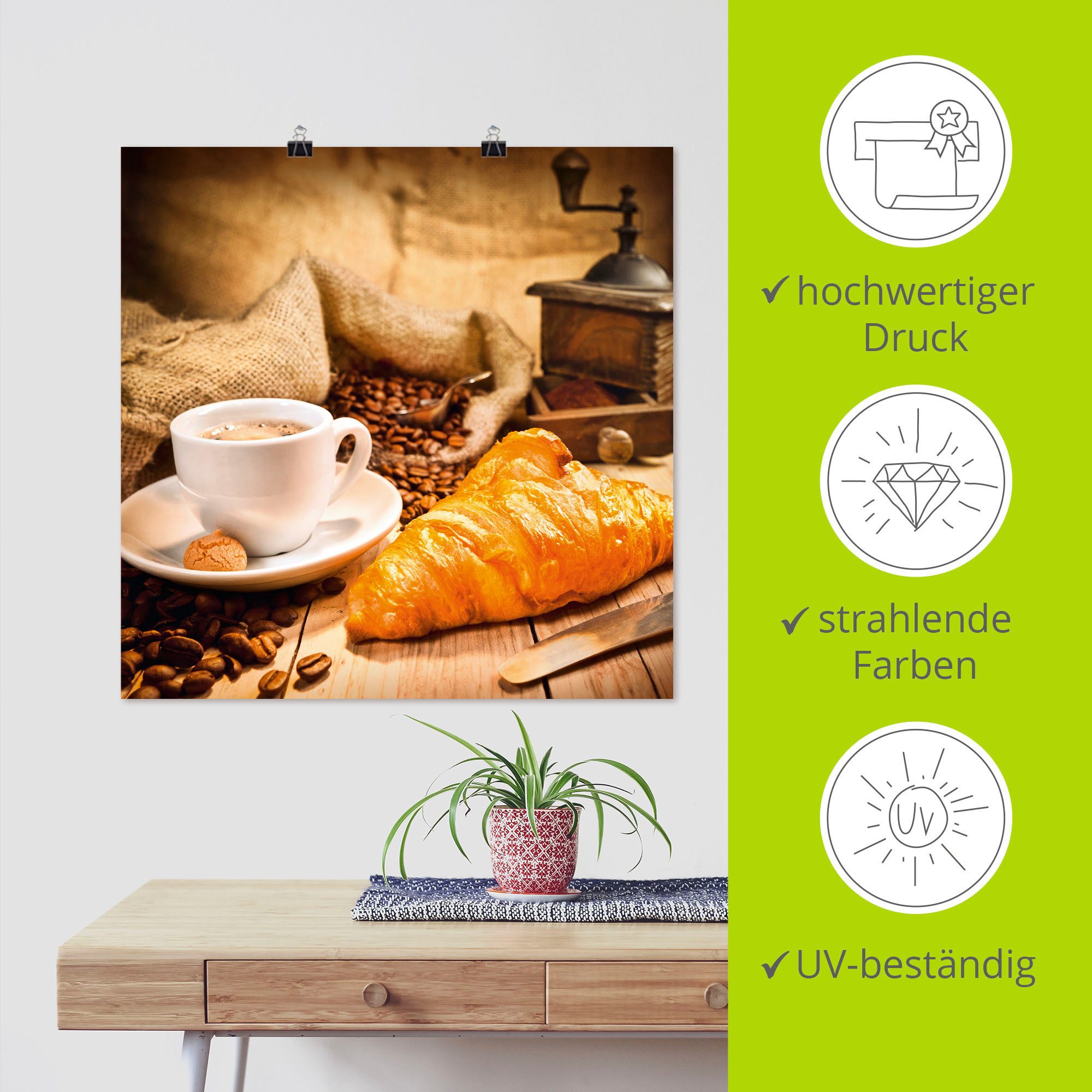 Artland Artprint Koffiekopje met croissant als artprint op linnen, poster in verschillende formaten maten