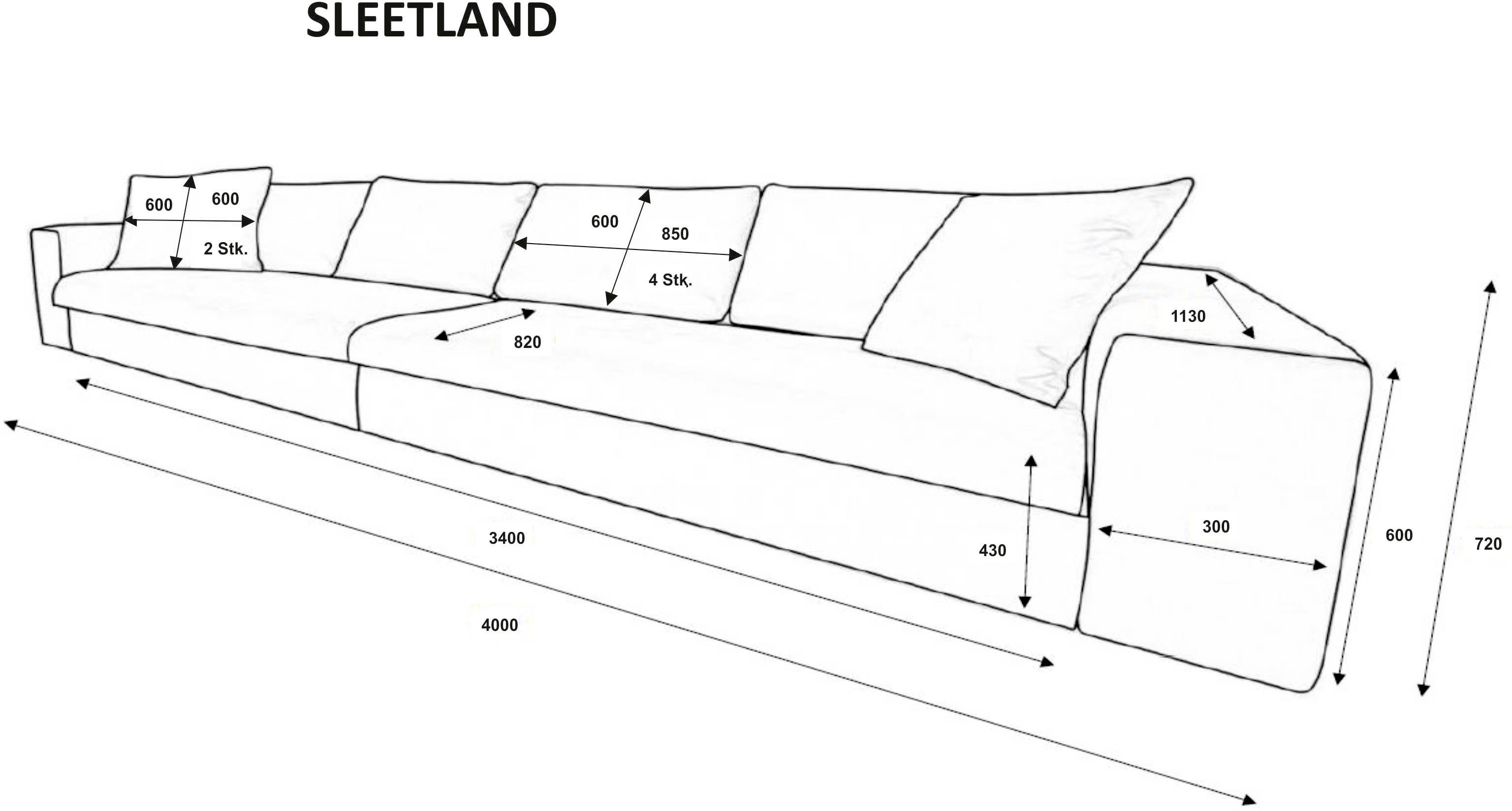 andas 4-zitsbank SLEETLAND XXL in fluweel of vintage lederlook