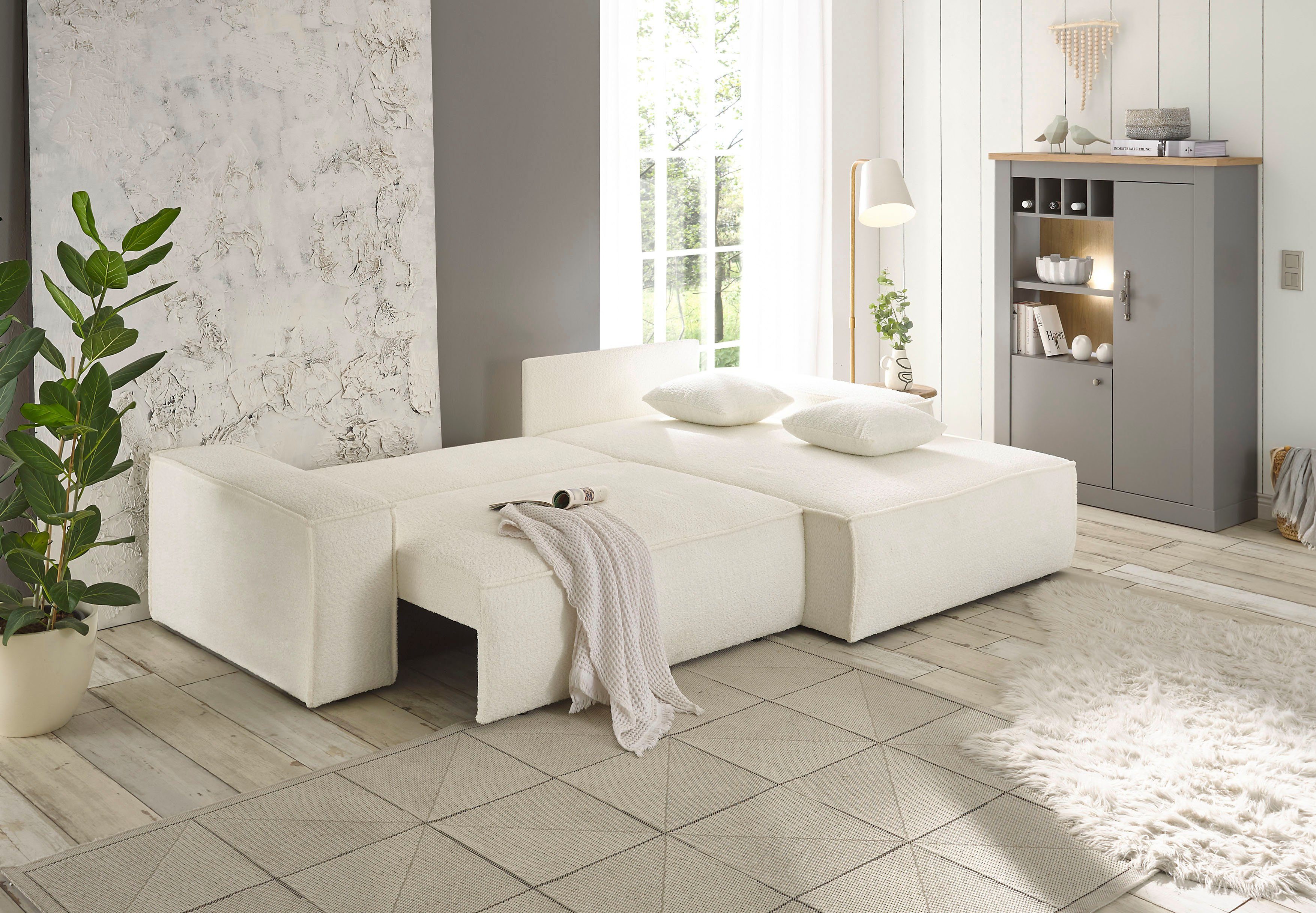 andas Hoekbank Finnley slaapbank 267 cm in Bouclé, fijne structuur en cord, L-vorm
