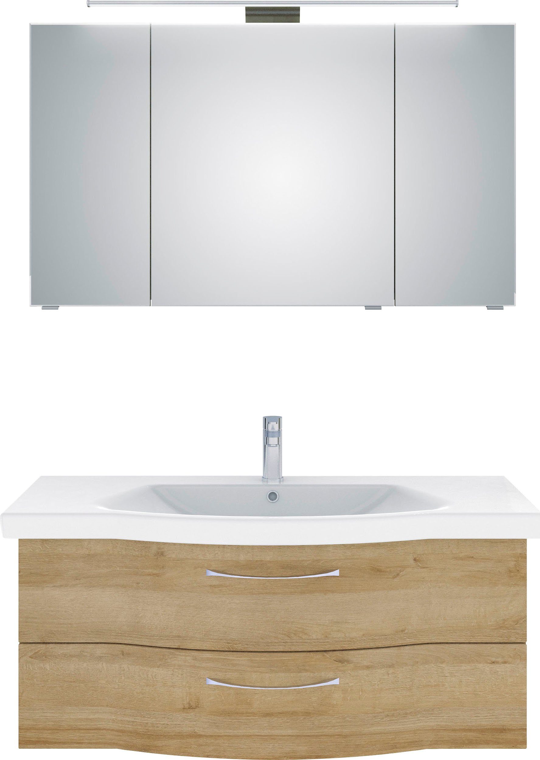 Saphir Badkamerserie 6005 sprint keramiek-wastafelonderkast met led-spiegelkast, 122 cm breed Wastafelmeubel inclusief deurdemper, 3 deuren, 2 laden,