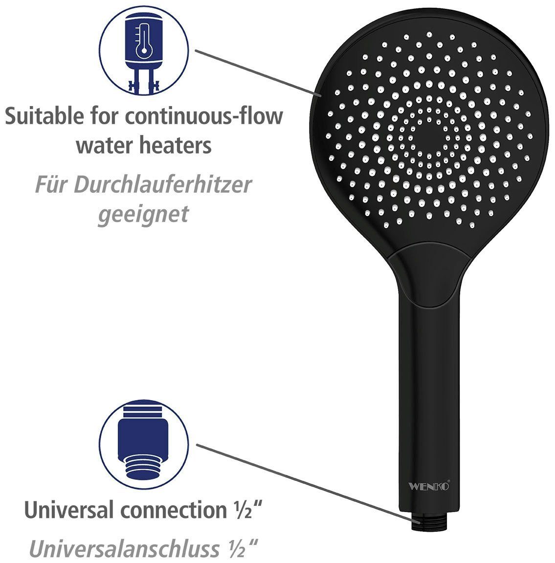 WENKO Handsproeier Watersaving Zwart mat, Ø 12 cm (1-delig)