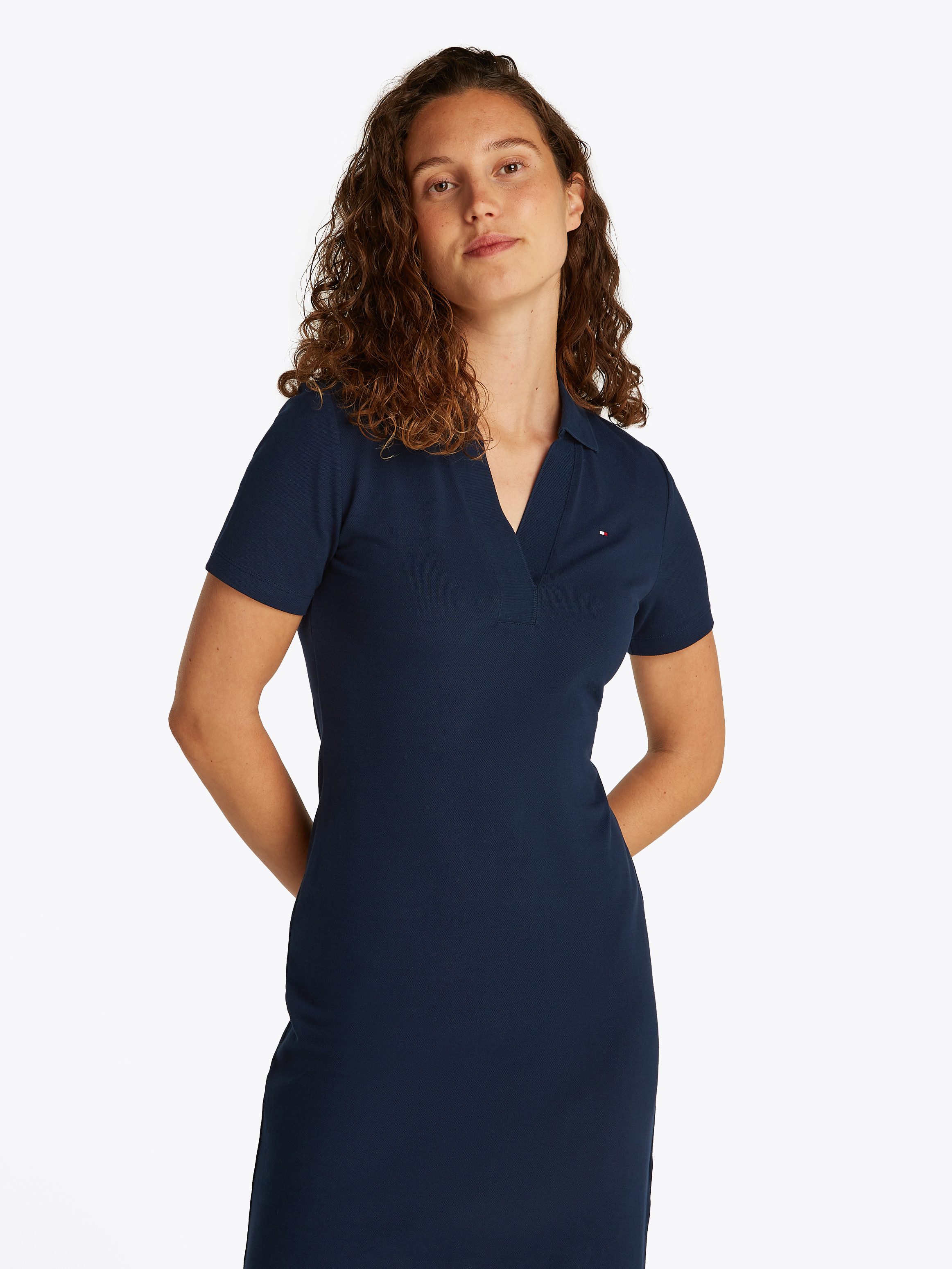 Tommy Hilfiger Polojurk SLIM OPEN NK POLO DRESS SS met geborduurde tommy hilfiger vlag