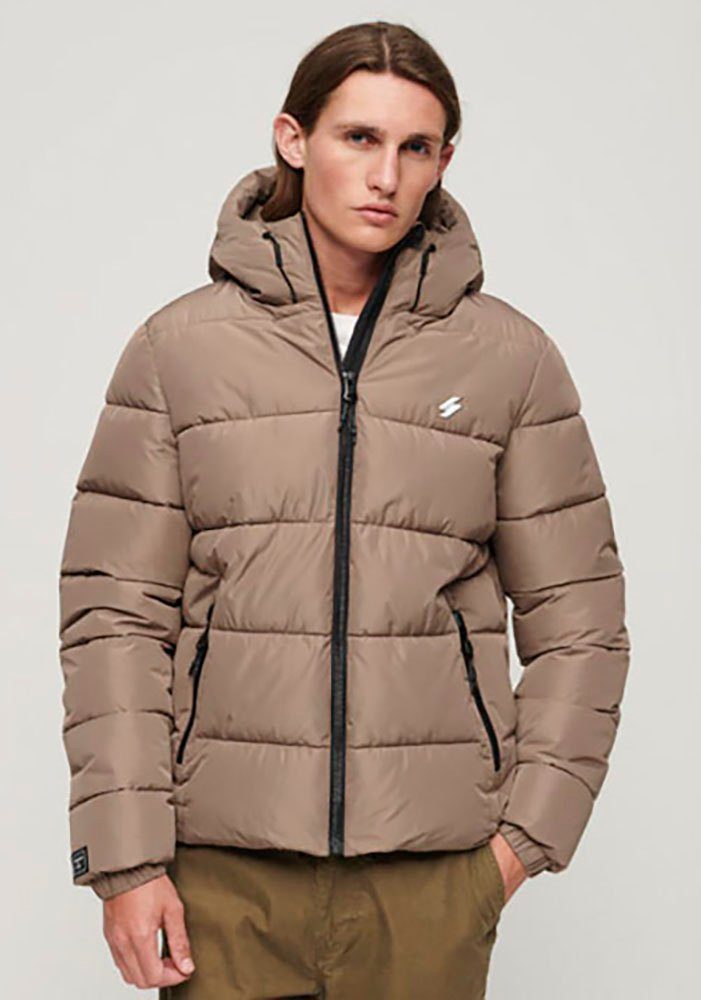 Superdry Gewatteerde jas HOODED SPORTS PUFFR JACKET met contrastkleurig borduursel heren winterjassen maat XL bruin