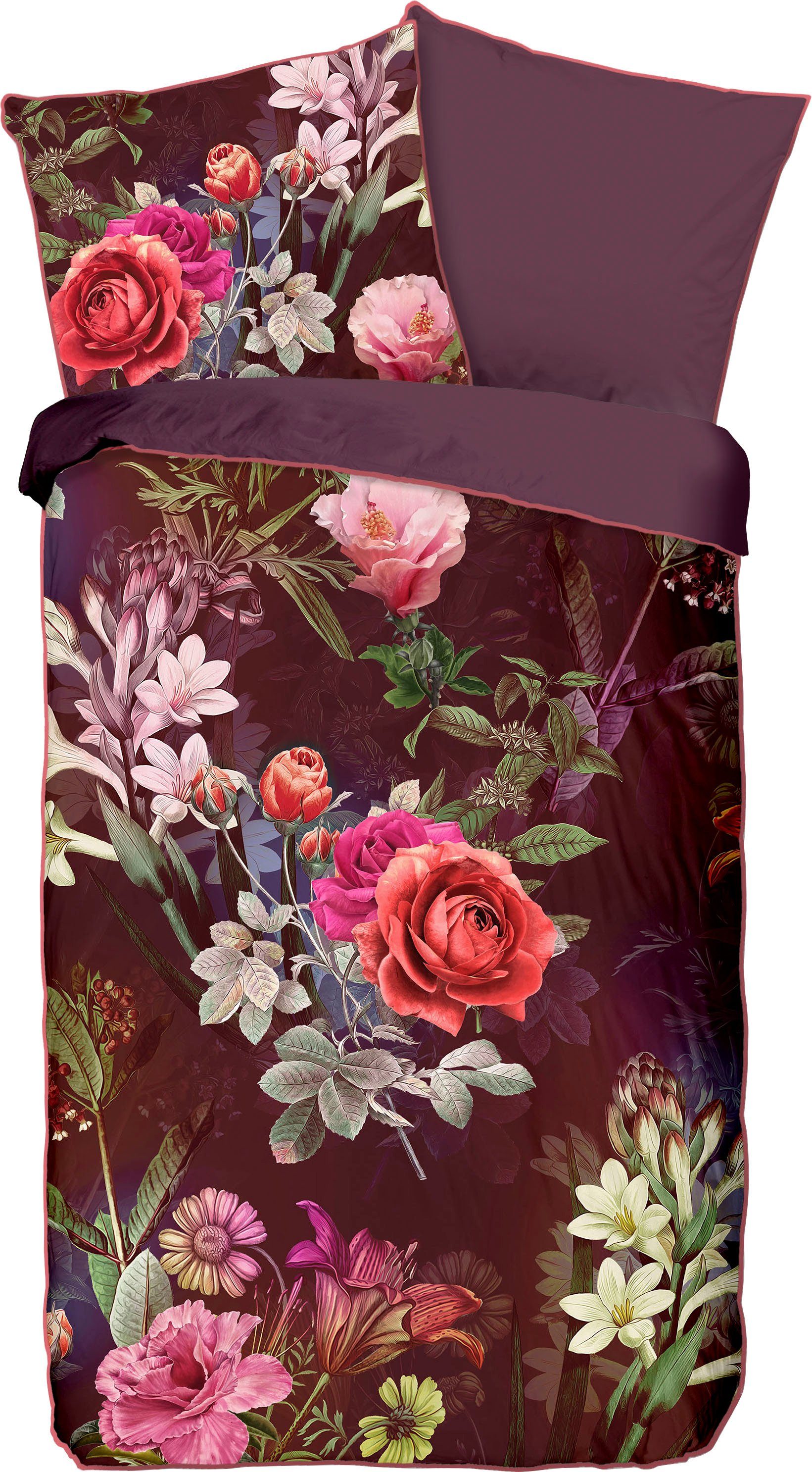 Descanso Tweezijdig te gebruiken overtrekset Simone Mako-satijn, 135x200, Bies, Rits, Omkeerbaar, Bloemen, Bordeaux (2-delig)