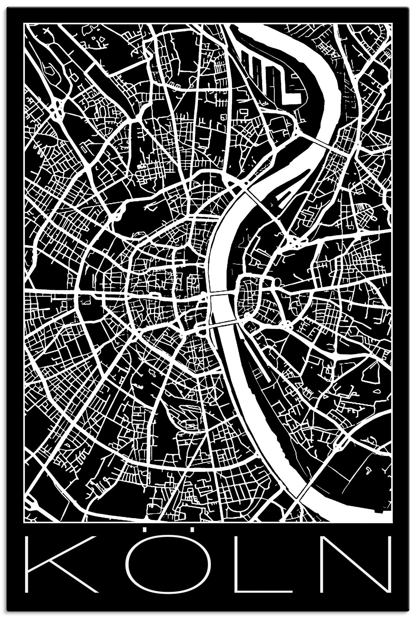 Artland Artprint Retro kaart Keulen Duitsland zwart in vele afmetingen & productsoorten - artprint van aluminium / artprint voor buiten, artprint op linnen, poster, muursticker / w
