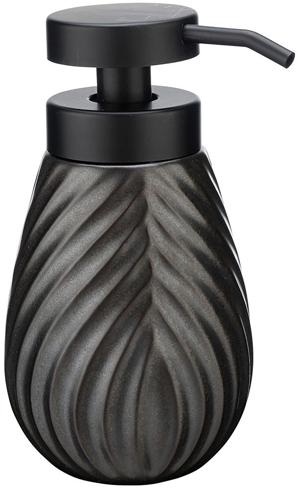 WENKO Set badkameraccessoires Model Idro antraciet Zeepdispenser en tandenborstelbeker van keramiek, lijnstructuur (2-delig)
