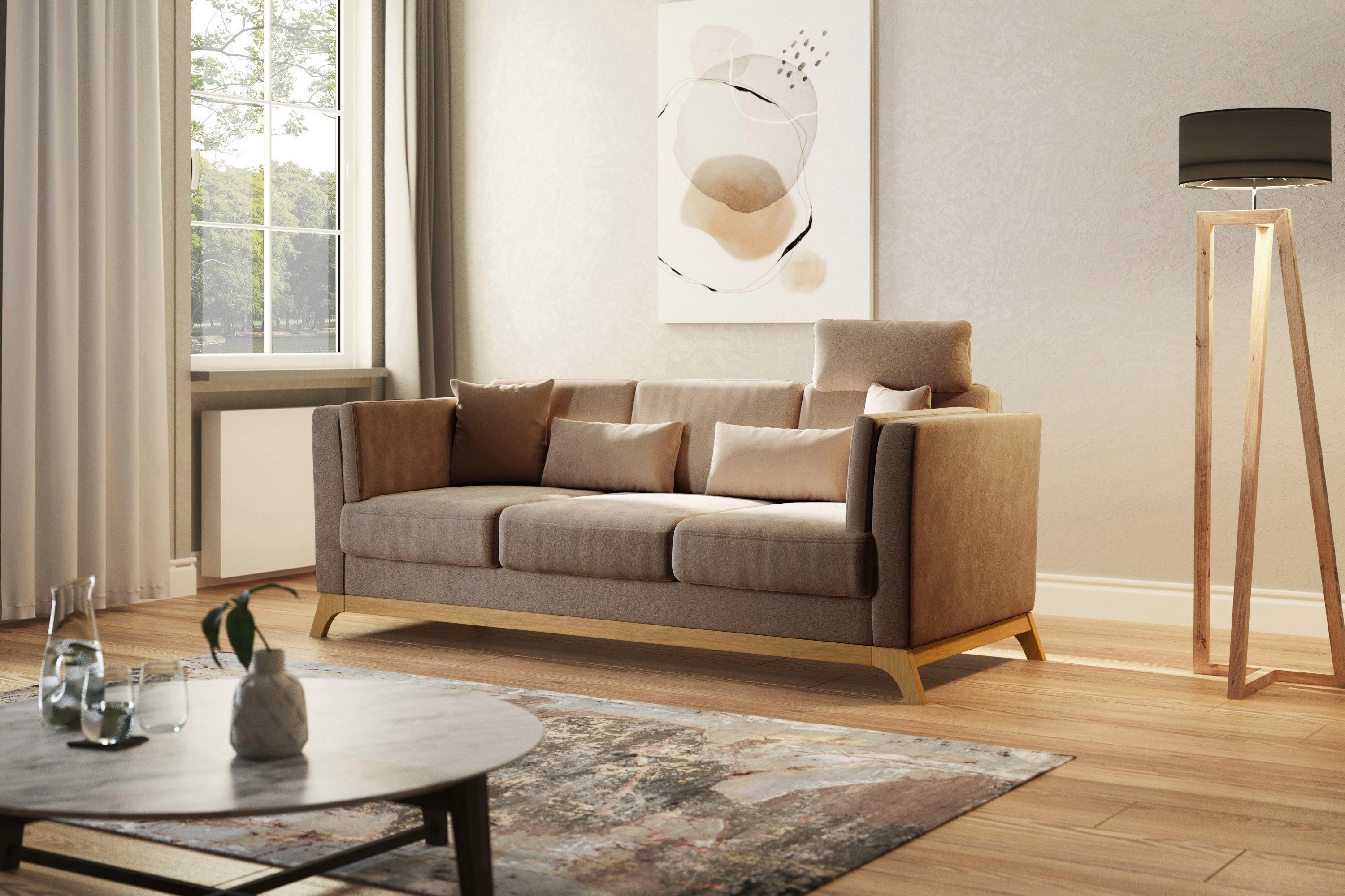 Home affaire 3-zitsbank Viva met houten frame van eikenhout bruin, 3-zitsbanken