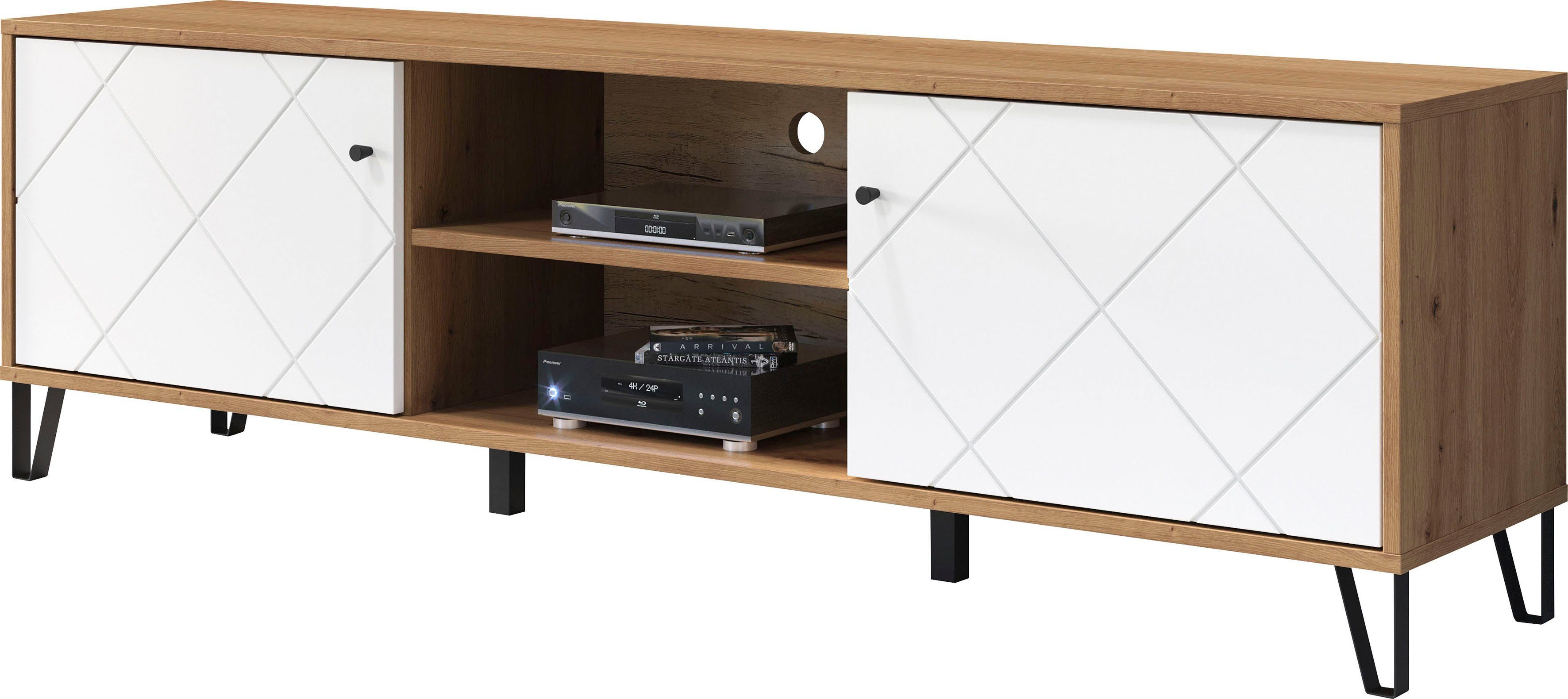 Places of Style Tv-meubel Tarragona TV-kast TV-lowboard met frezingen in ruitlook en kabeldoorvoer, Br.183 cm