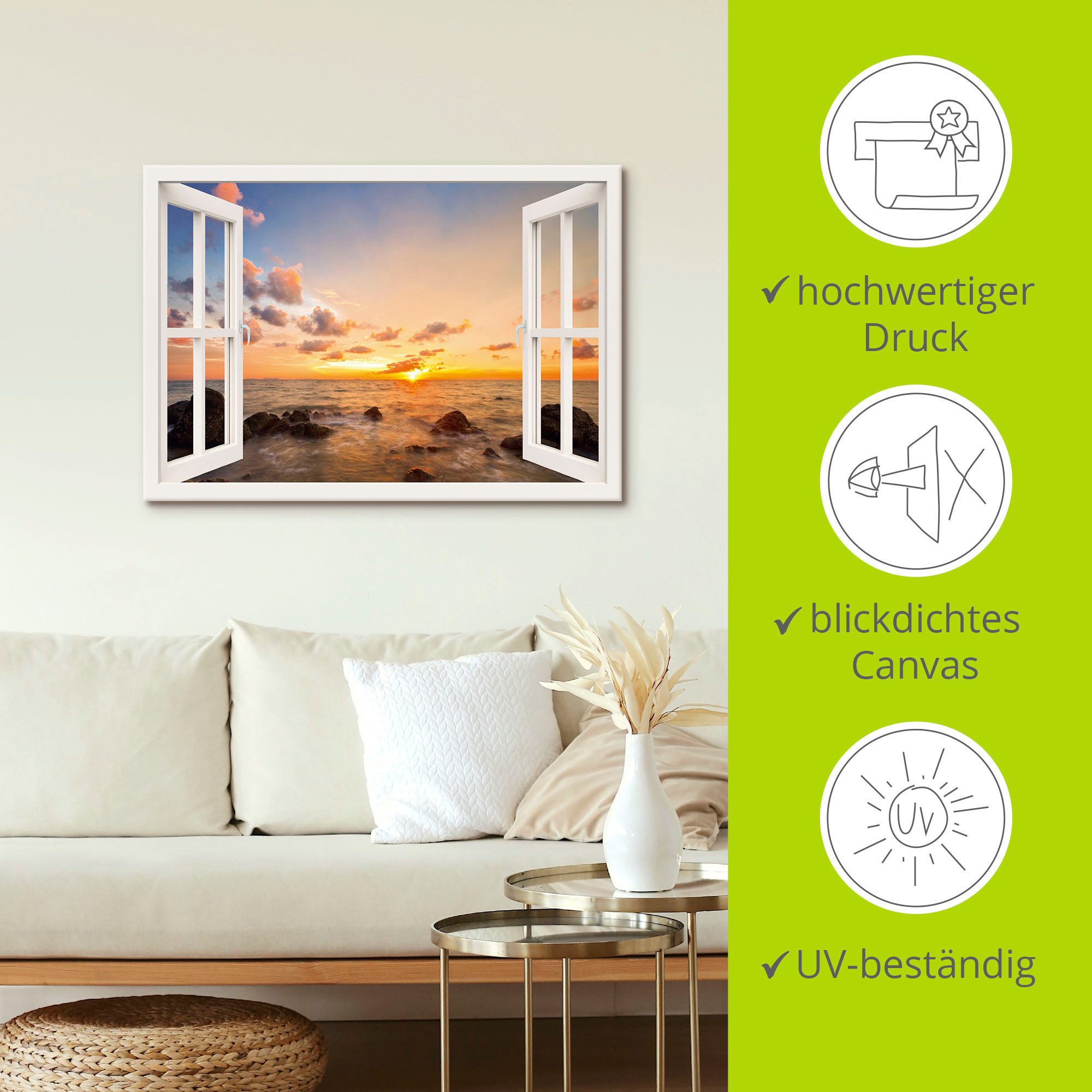 Artland Artprint Blik uit het venster zonsondergang aan zee als artprint van aluminium, artprint op linnen, muursticker, verschillende maten