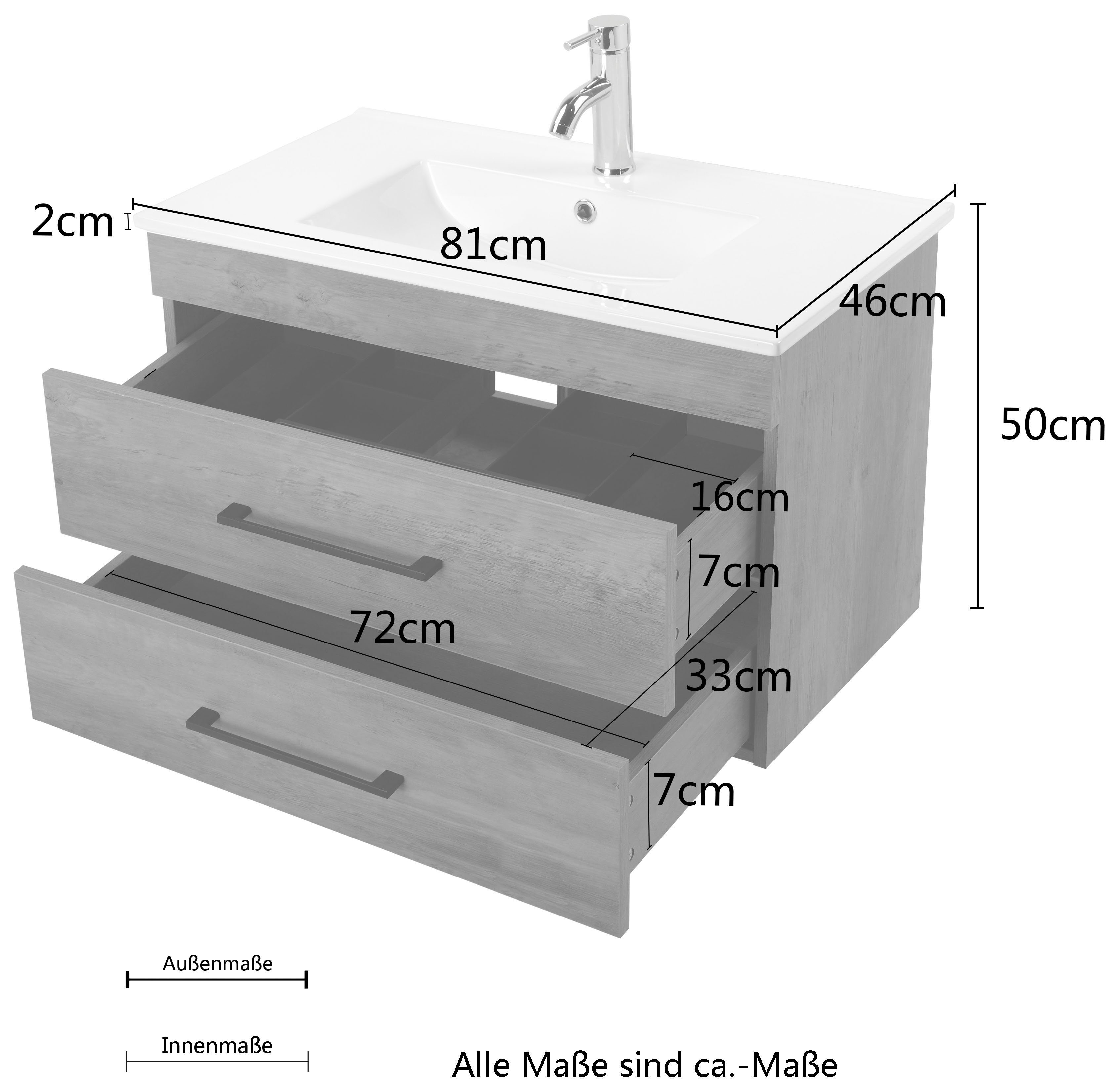 welltime Wastafelonderkast Florence badkamermeubel badkamerkast met wasbak Wastafelmeubel met 2 laden en soft-closesysteem breedte 80 cm