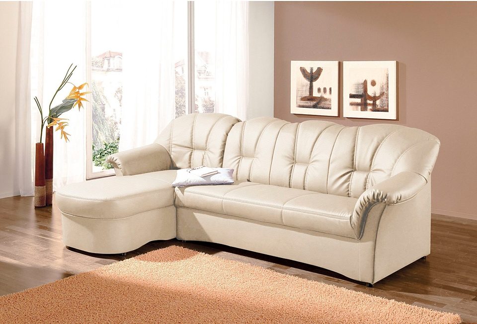 DOMO collection Hoekbank Papenburg, tijdloze rugsteppingen, elegante vormtaal, L-vorm beige, hoekbanken, Récamier links, Met slaapfunctie