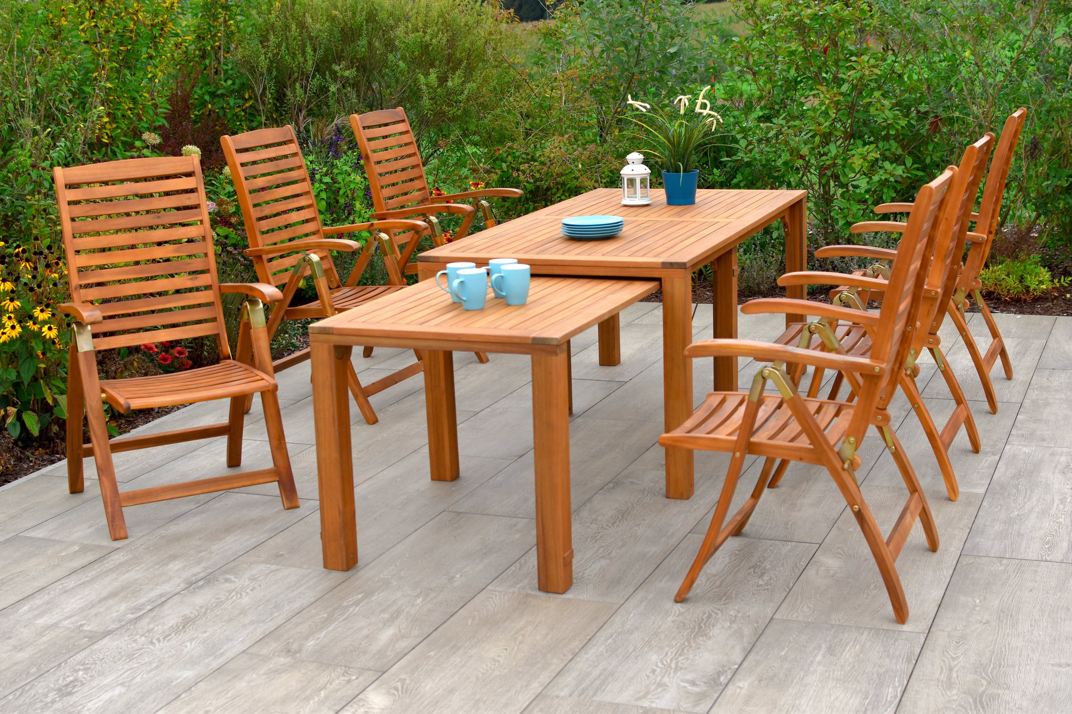 MERXX Tuin-eethoek Paraiba 6 klapstoelen, 5-voudig verstelbaar, uitschuifbare tafel (set, 7-delig) tuinsets