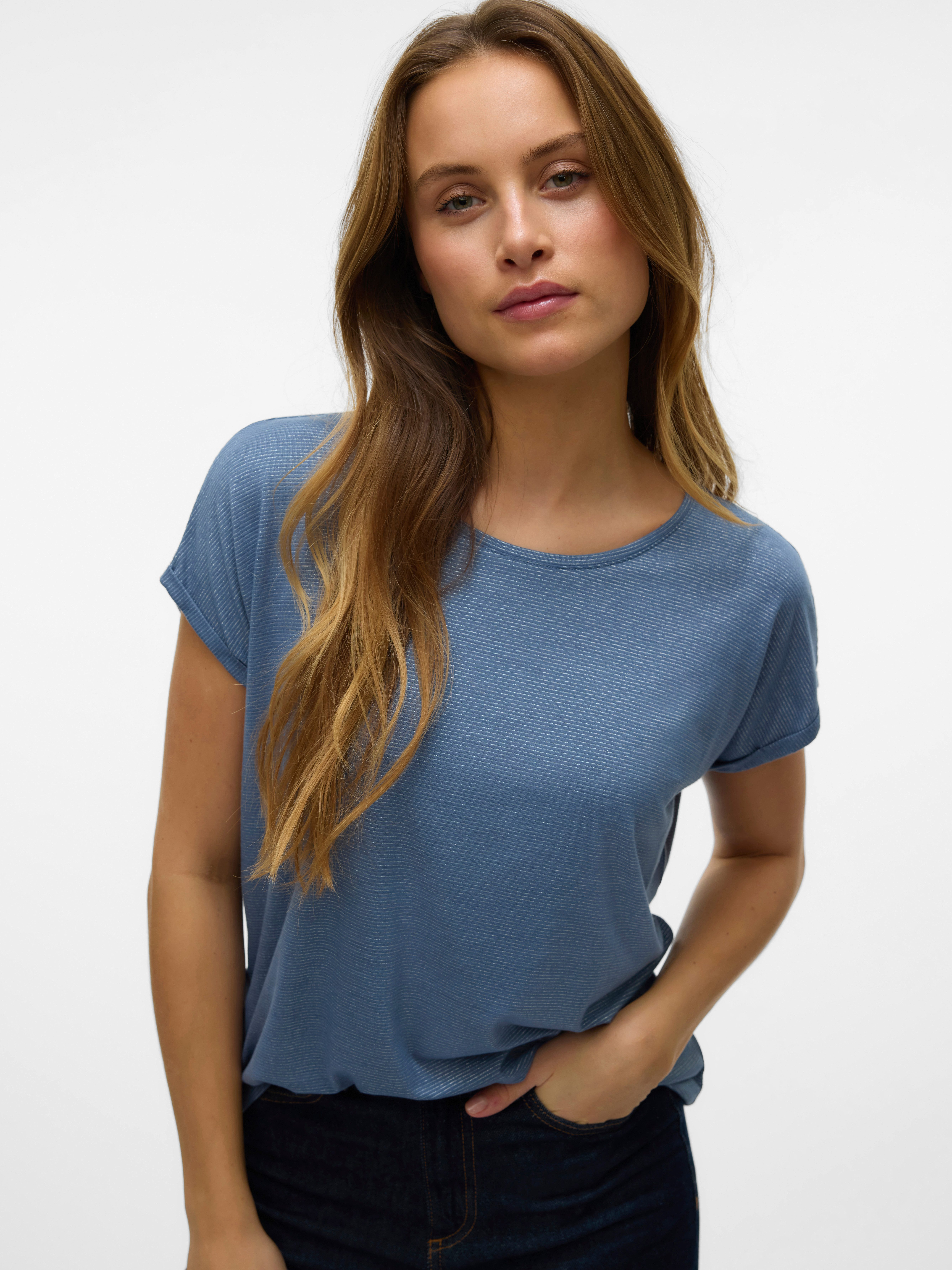Vero Moda Shirt met ronde hals VMLAVA PLAIN SS TOP LUREX STRIPE