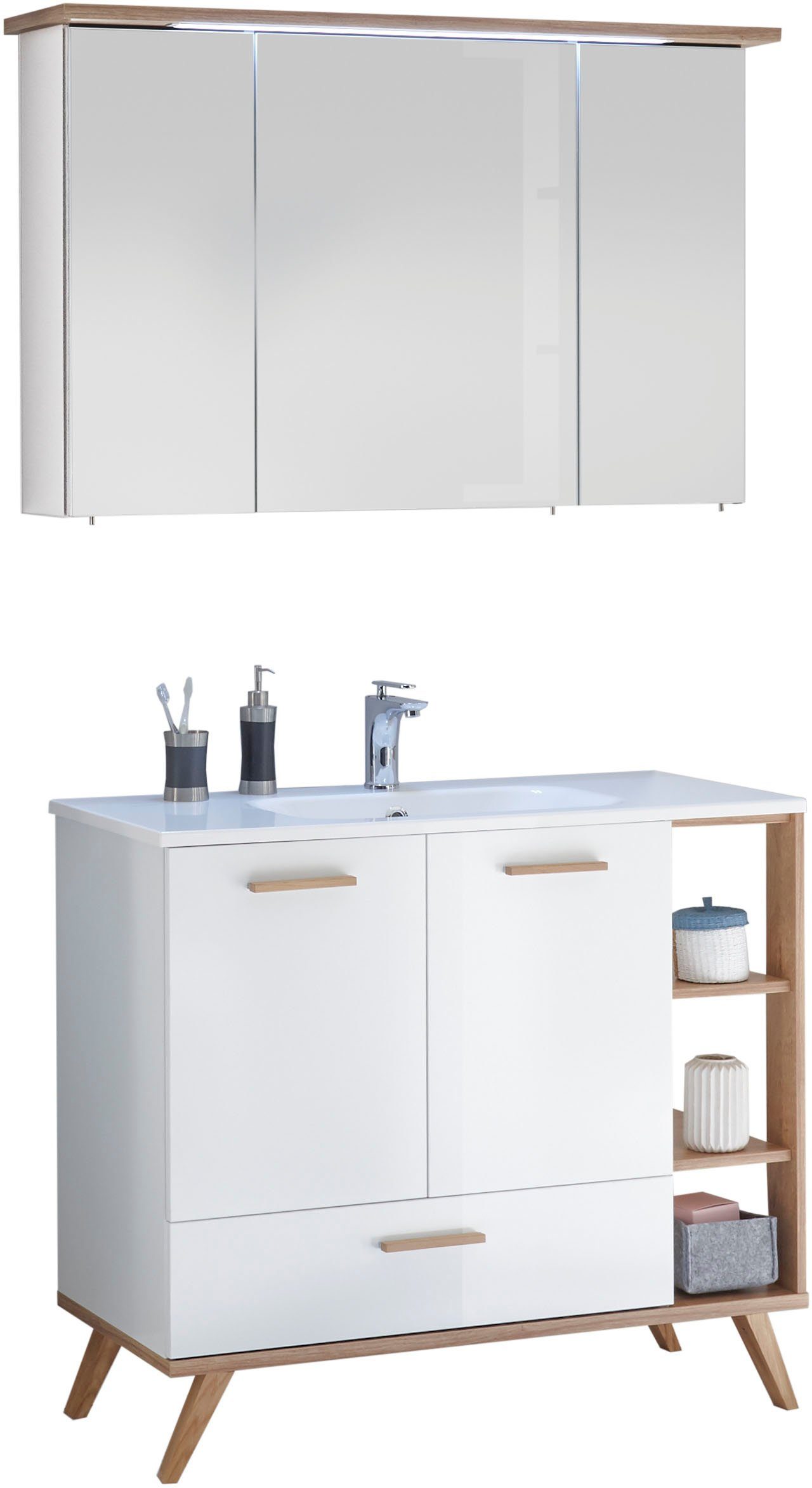 Saphir Badkamerserie Quickset mineraalmarmeren wastafel met led-spiegelkast Wastafel 115 cm breed, 5 deuren, 1 lade, incl. deurdemper (2-delig)