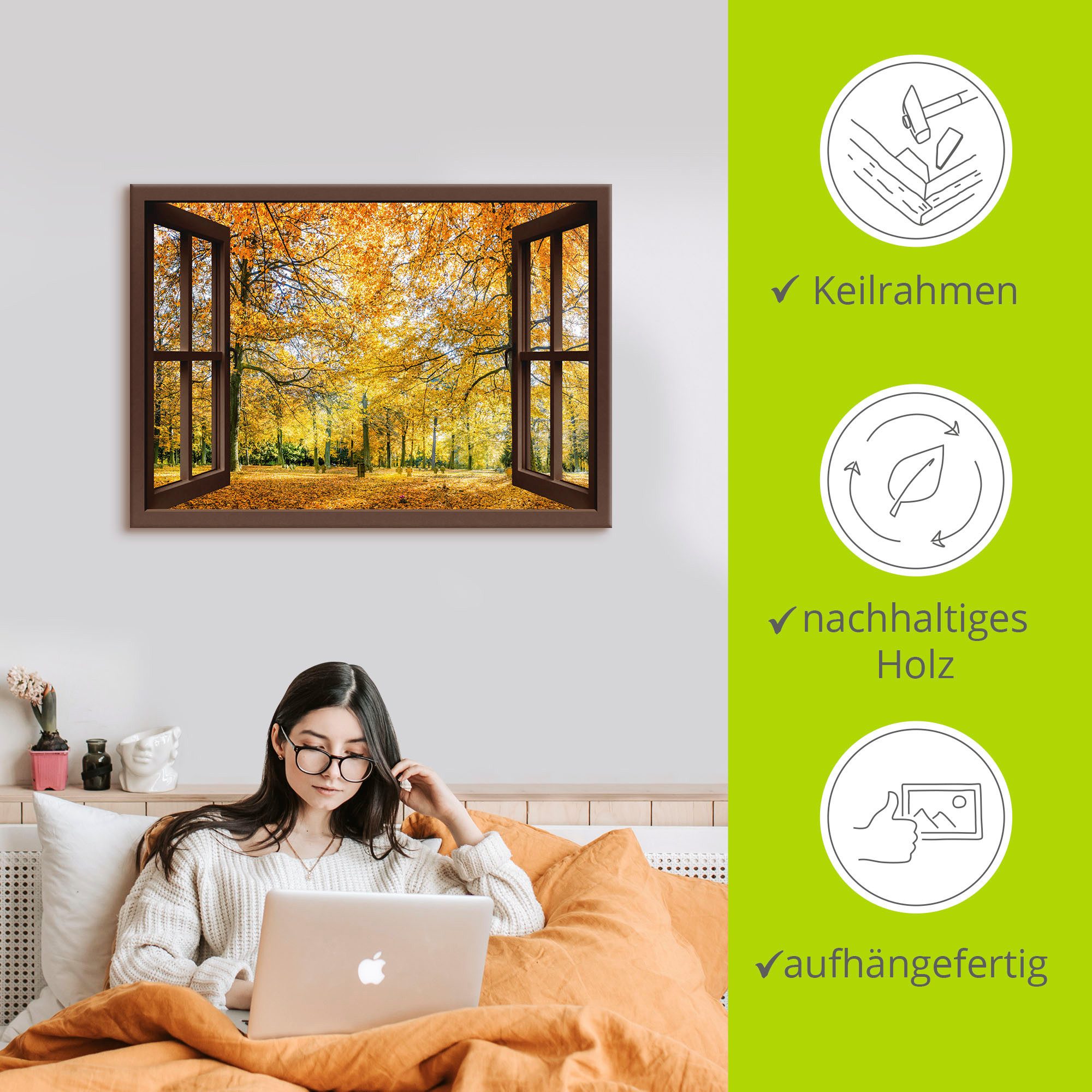Artland Artprint Blik uit het venster - herfstbos panorama als artprint op linnen, poster, muursticker in verschillende maten