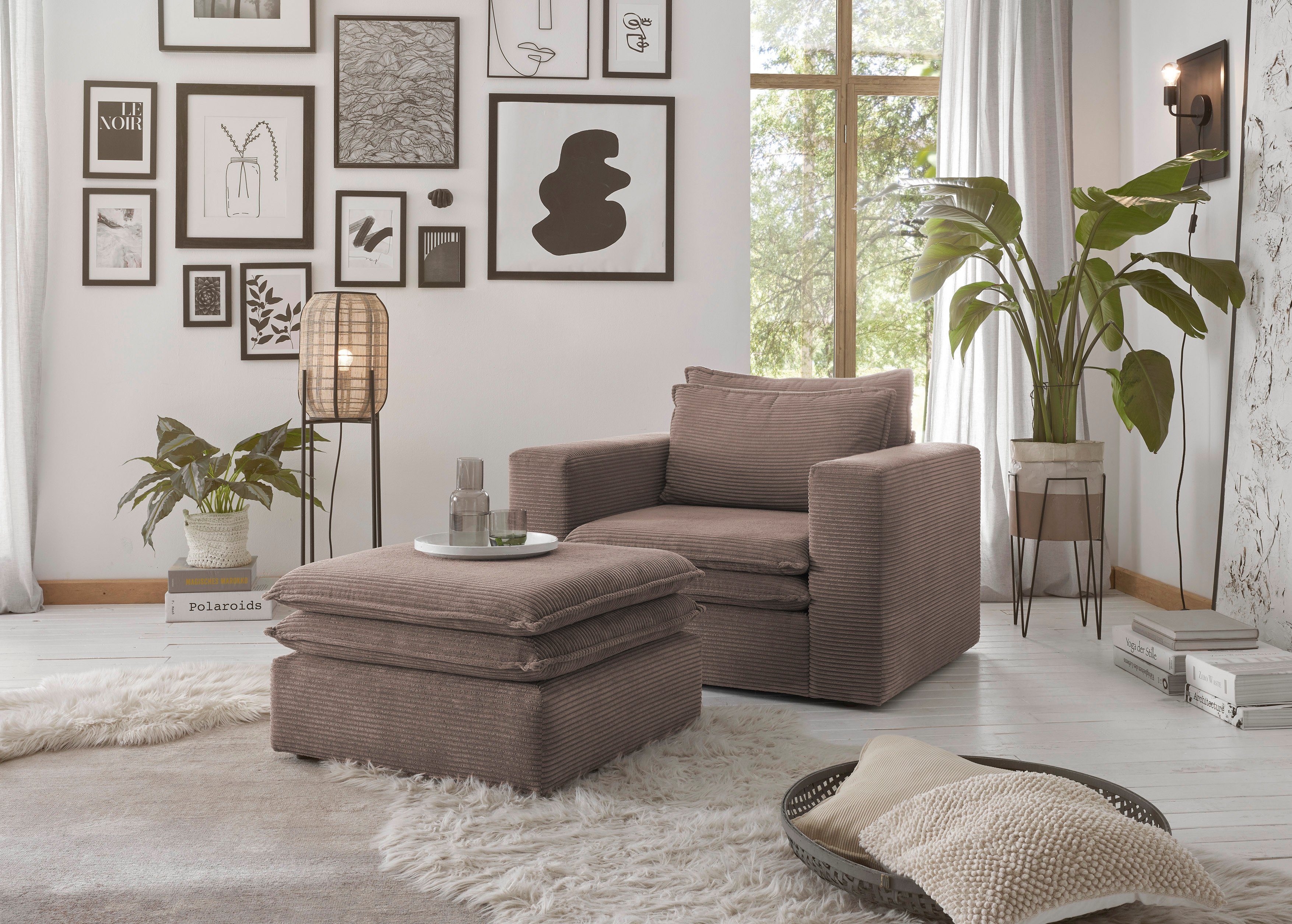 Places of Style Zithoek PIAGGE Hoogwaardige cord, fauteuil en hocker klein als set (2-delig)