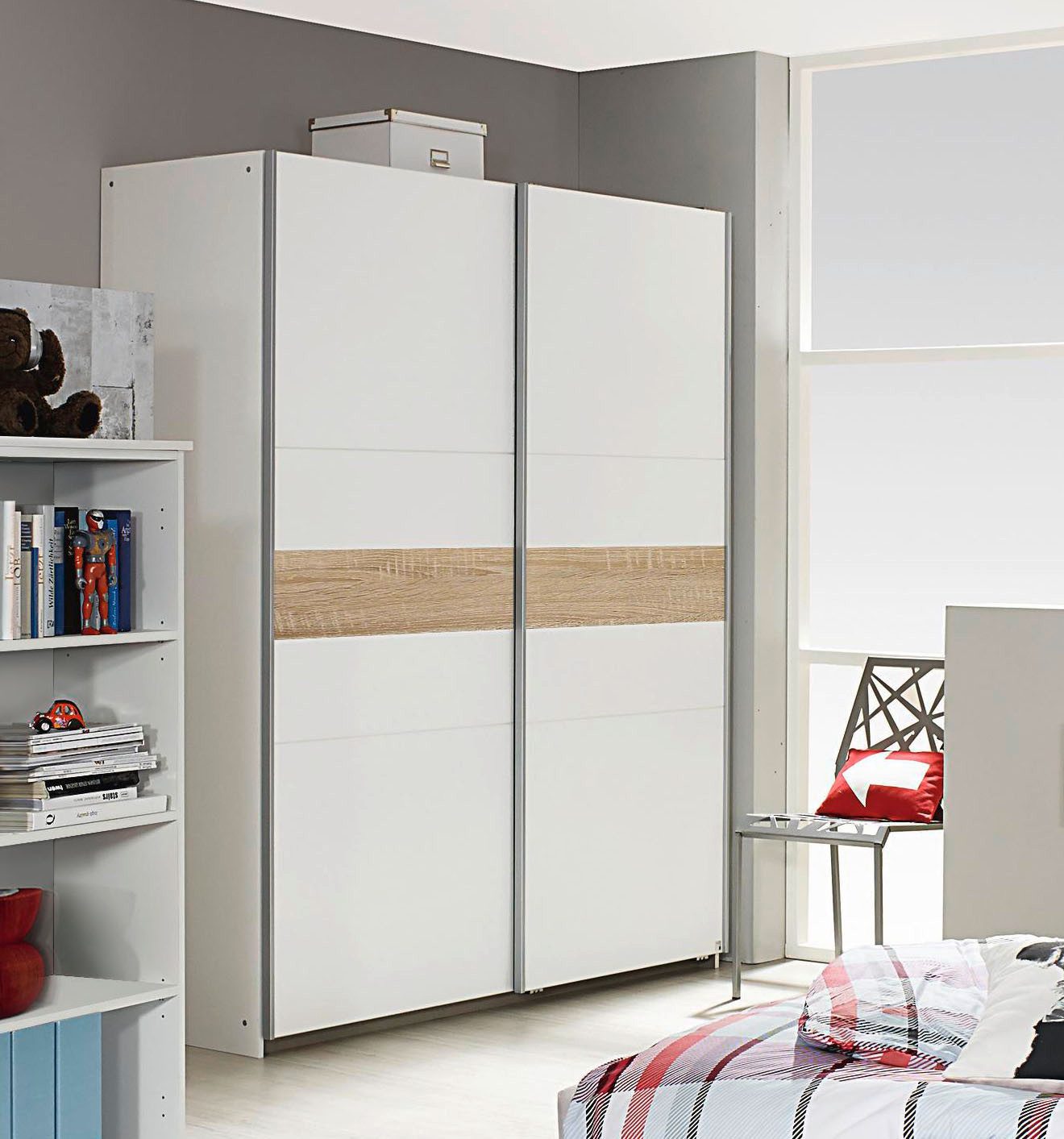 rauch Zweefdeurkast Kledingkast kast garderobe kinderkamerkast NOOSA met buikband in contrastkleur en metalen handgreeplijsten made in germany
