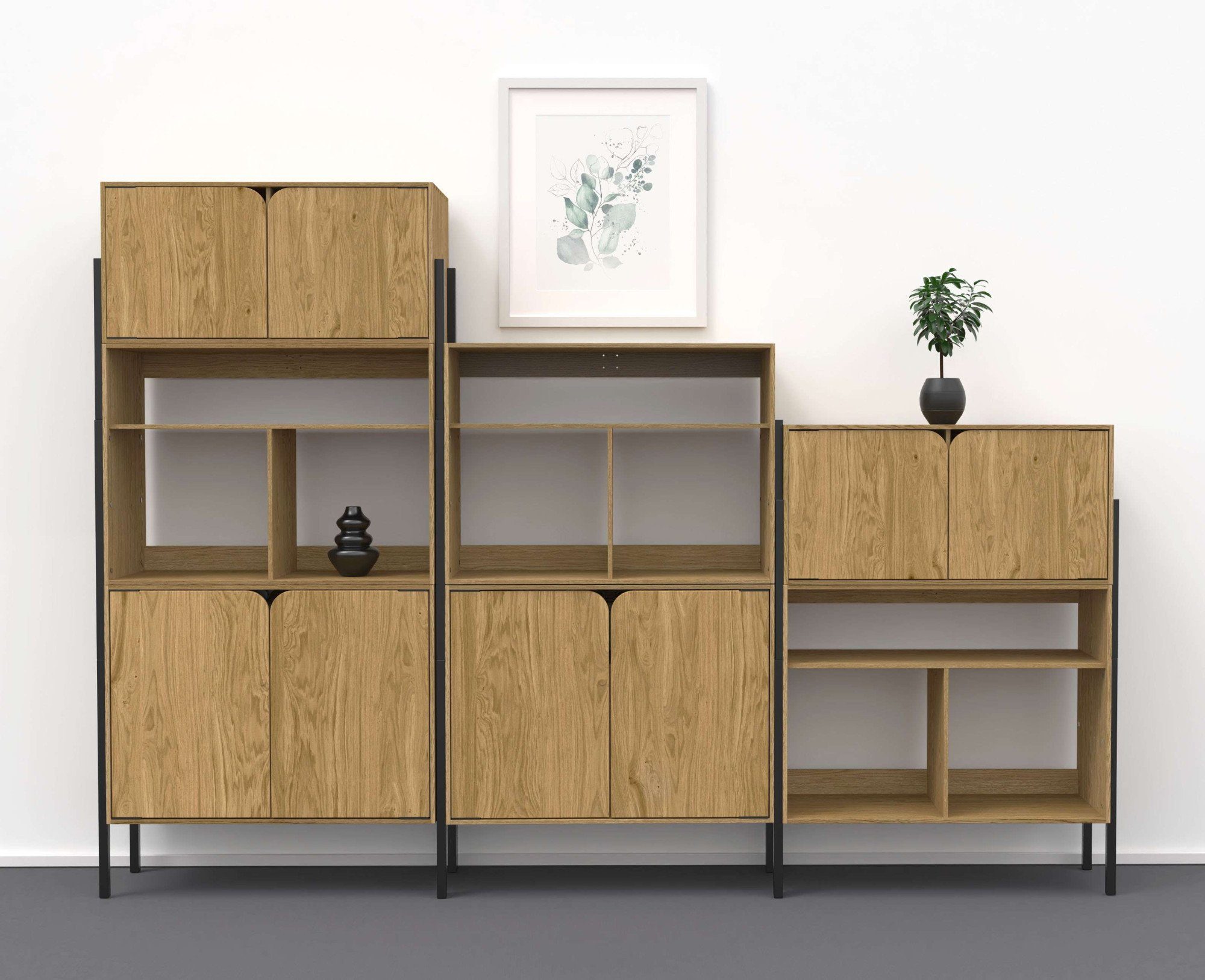 andas Dressoir Finton Commode met 3 open vakken, kast van massief eikenhout