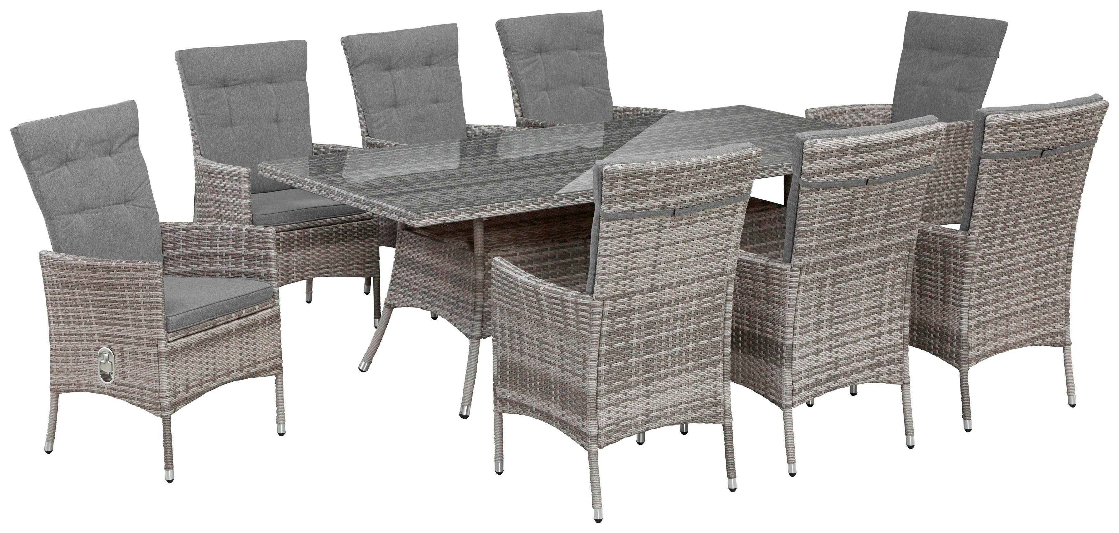KONIFERA Tuin-eethoek Belluno Bergruimte onder de tafel, grijs, 2 van de 8 fauteuils traploos verstelbaar (set, 17-delig)