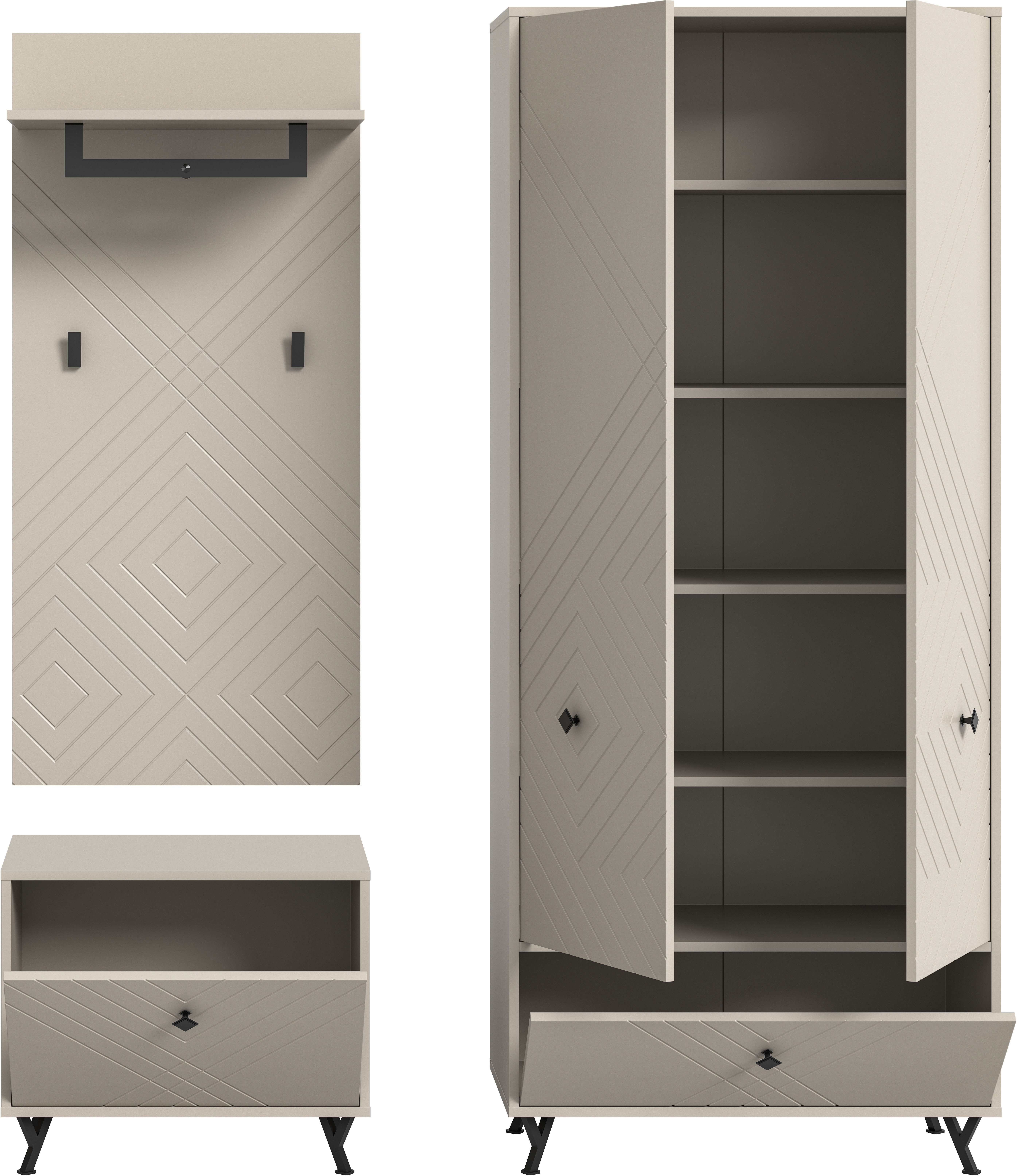 INOSIGN Halmeubelset Mento, 3-delig, ornamentfrezing in de front, bestaande uit: Zitbank, garderobenpaneel & garderobekast, metalen handgrepen & voeten (set, 3-delig)