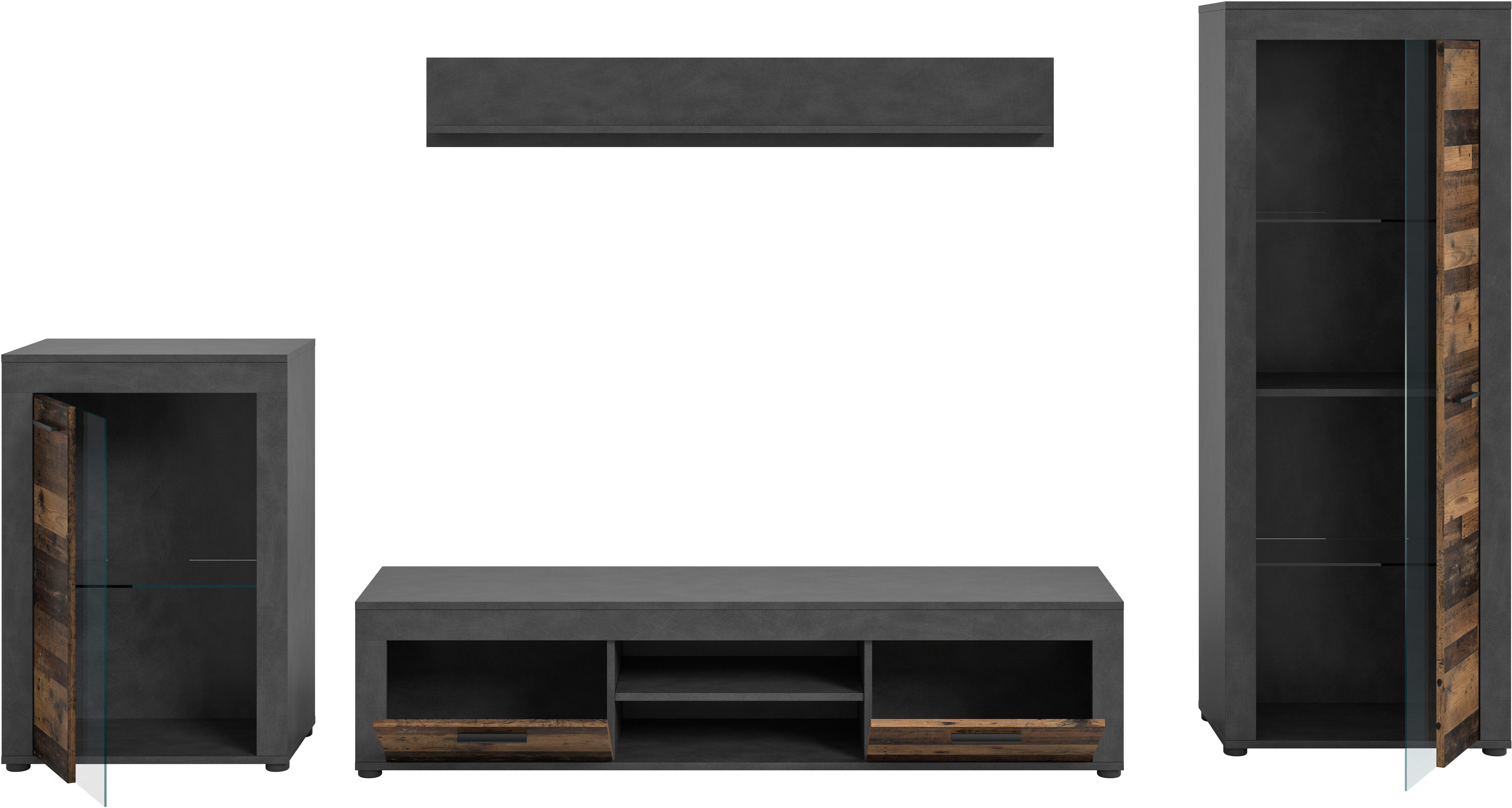 INOSIGN Wandmeubel Aosta, 4-delig, bestaande uit: vitrinekast, lowboard, wandplank & hoge vitrinekast (4 stuks)