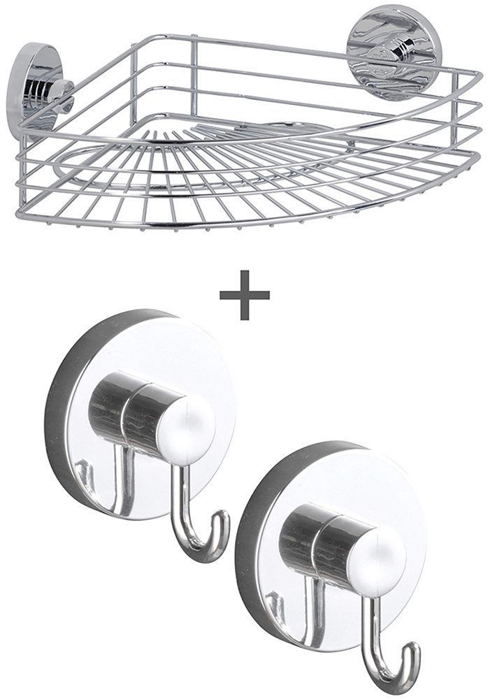 WENKO Hoekrek Vacuum-Loc model Bari voor de badkamer met 2 haken, bevestigen zonder boren (3 stuks) rekjes en opbergen zilver