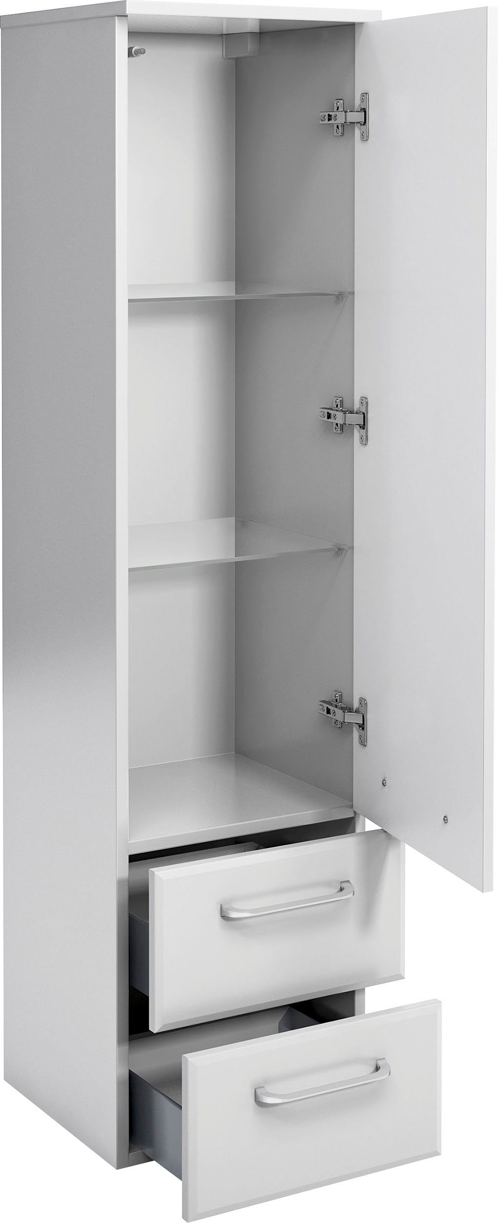 Saphir Halfhoge kast Quickset badkamermeubel 35 cm breed, 1 deur, 2 laden, 2 planken Badkamer-halfhoge kast inclusief deurdemper, grepen in glanzend chroom
