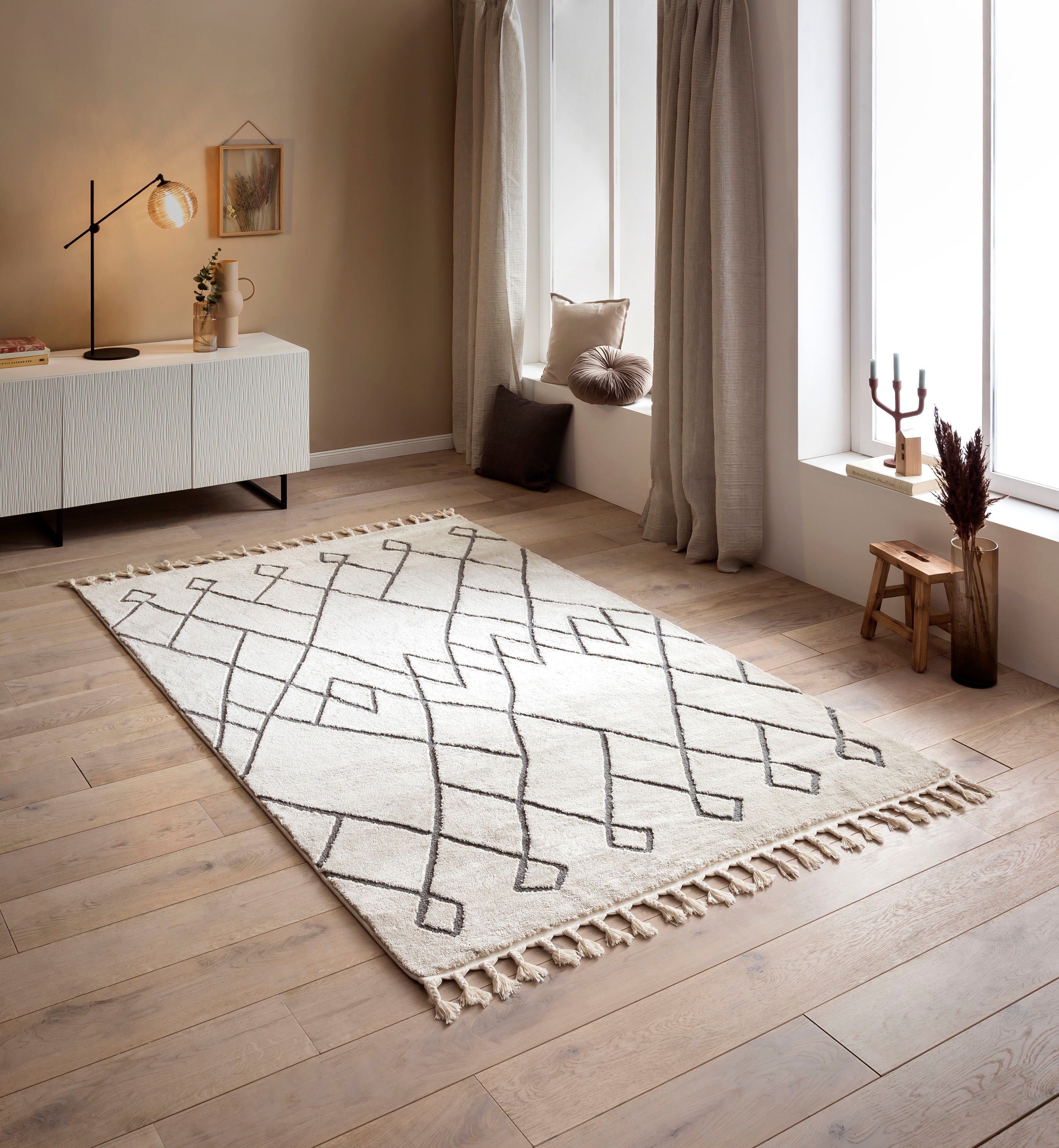 done.® Vloerkleed Sea modern scandi ontwerp, geruit, hoog-laag effect, met franjes