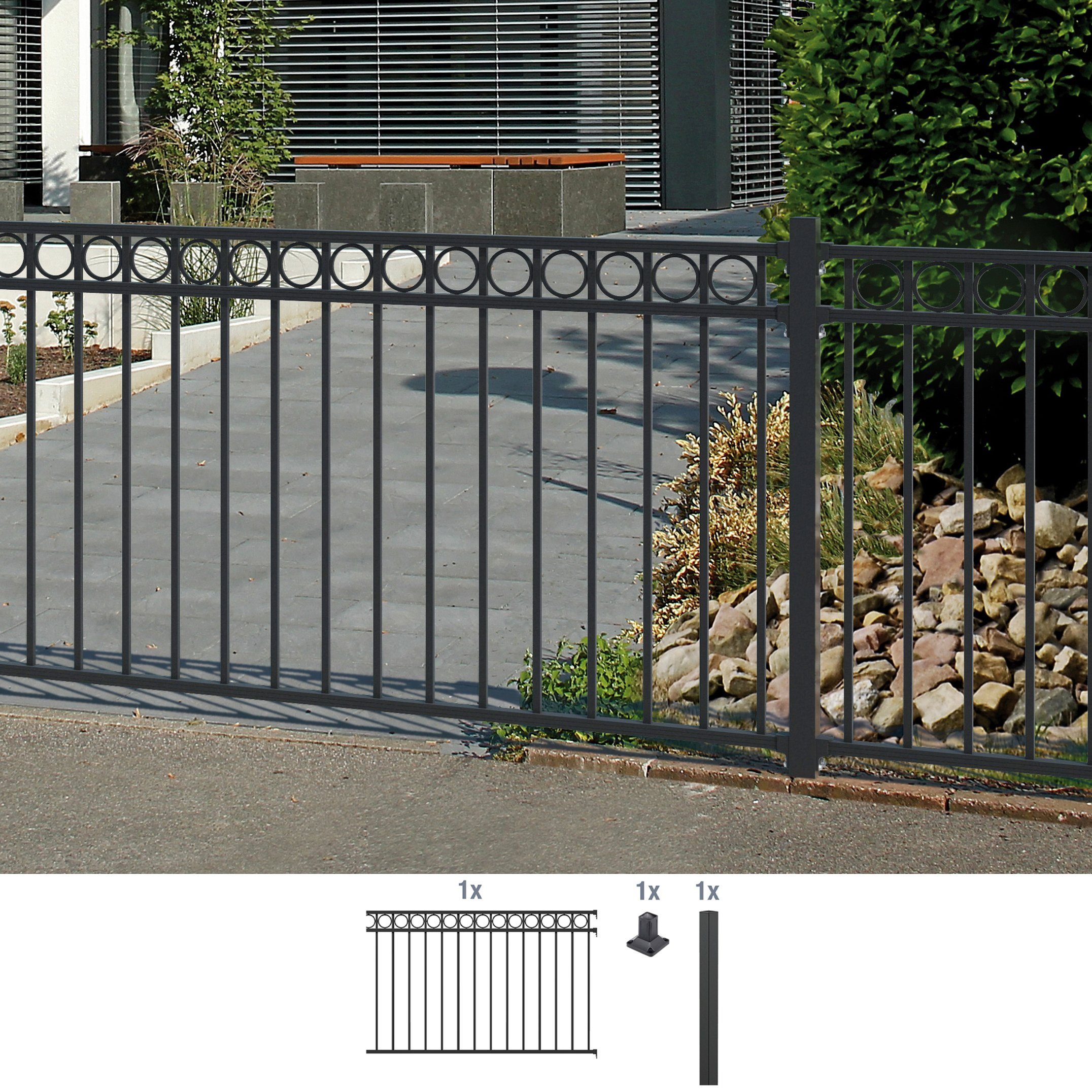 GAH Alberts Metalen hek Uitbreidingsset Circle Hoogte: 100 en 120 cm, breedte: 200 cm, om vast te schroeven (4 stuks) hekken maat 2 m x 100 cm zwart