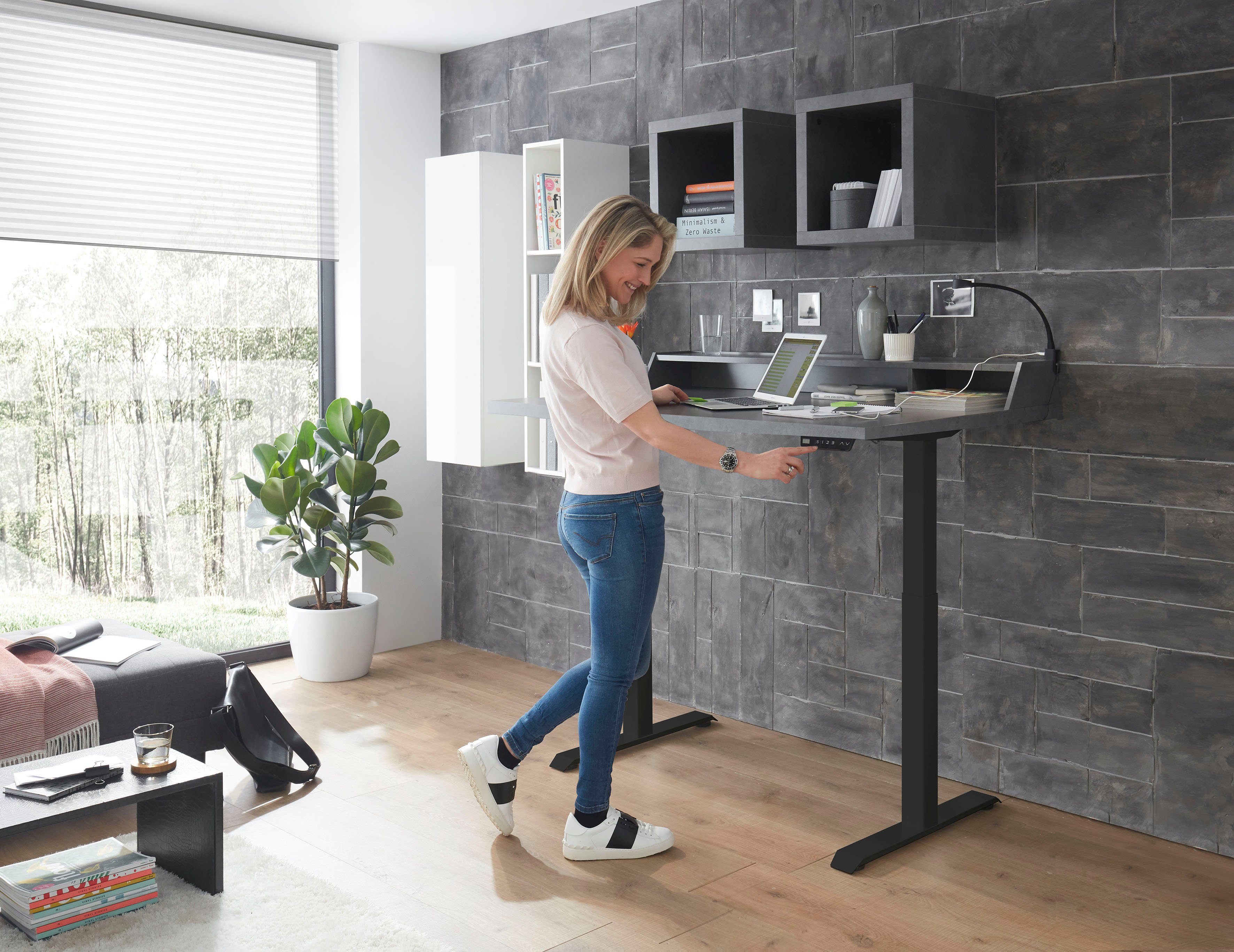 Mäusbacher Bureau Big System Office, bureau, kantoortafel Breedte 120 cm, elektrisch in hoogte verstelbaar, eik zaaggrijs