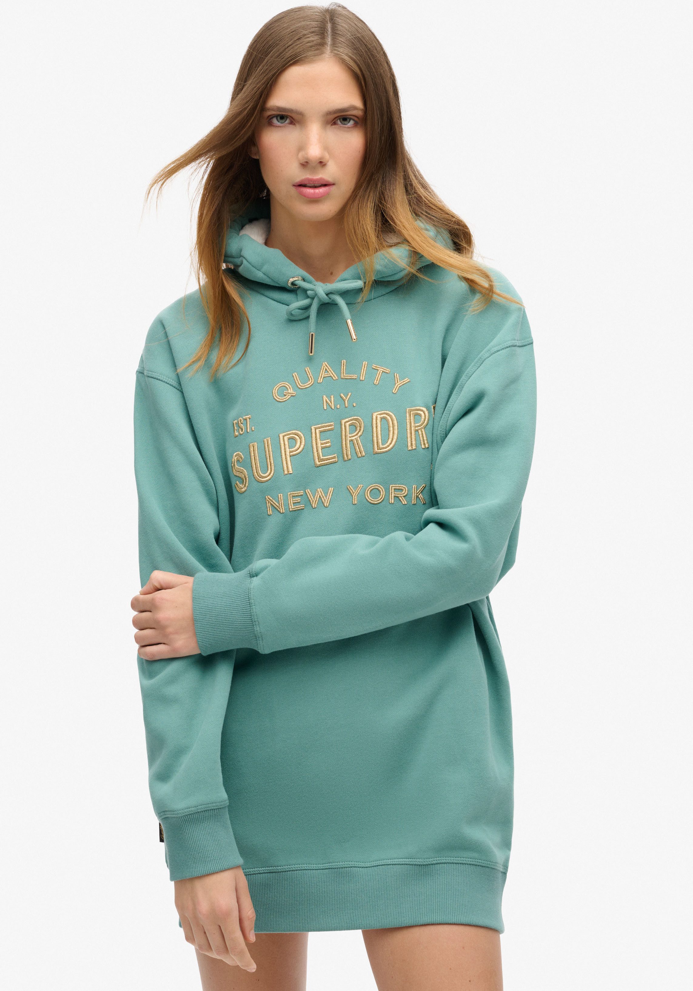 Superdry Jerseyjurk LUXE METALLIC LOGO HOOD DRESS dames jerseyjurken maat M (L) groen